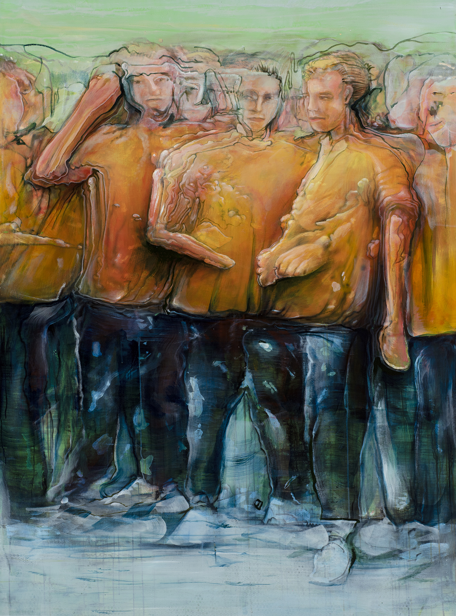 Pascal Sednder, Selfportrair, oil on canvas. Surreal, abstracted, distorted figure, also can be viewed in AR (augmented reality).