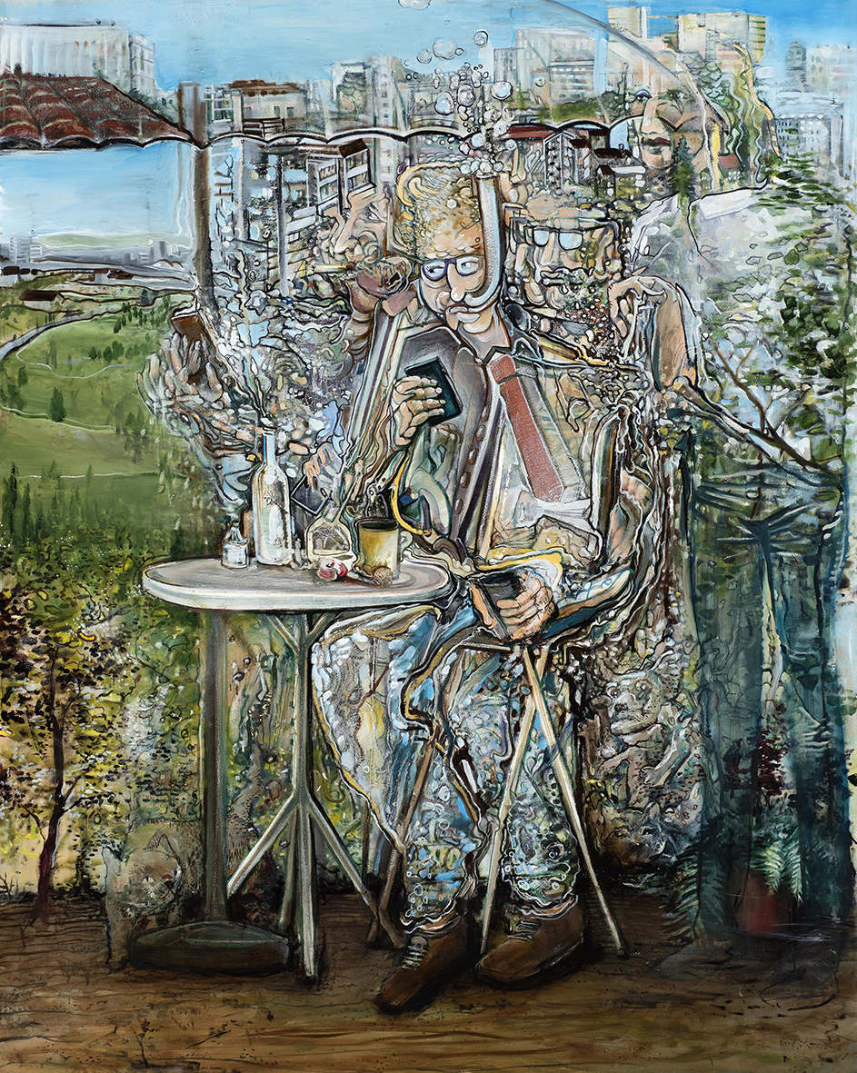 Pascal Sender, Chill 2, oil on canvas + digital. Surreal, abstracted, distorted figure, also can be viewed in AR (augmented reality).
