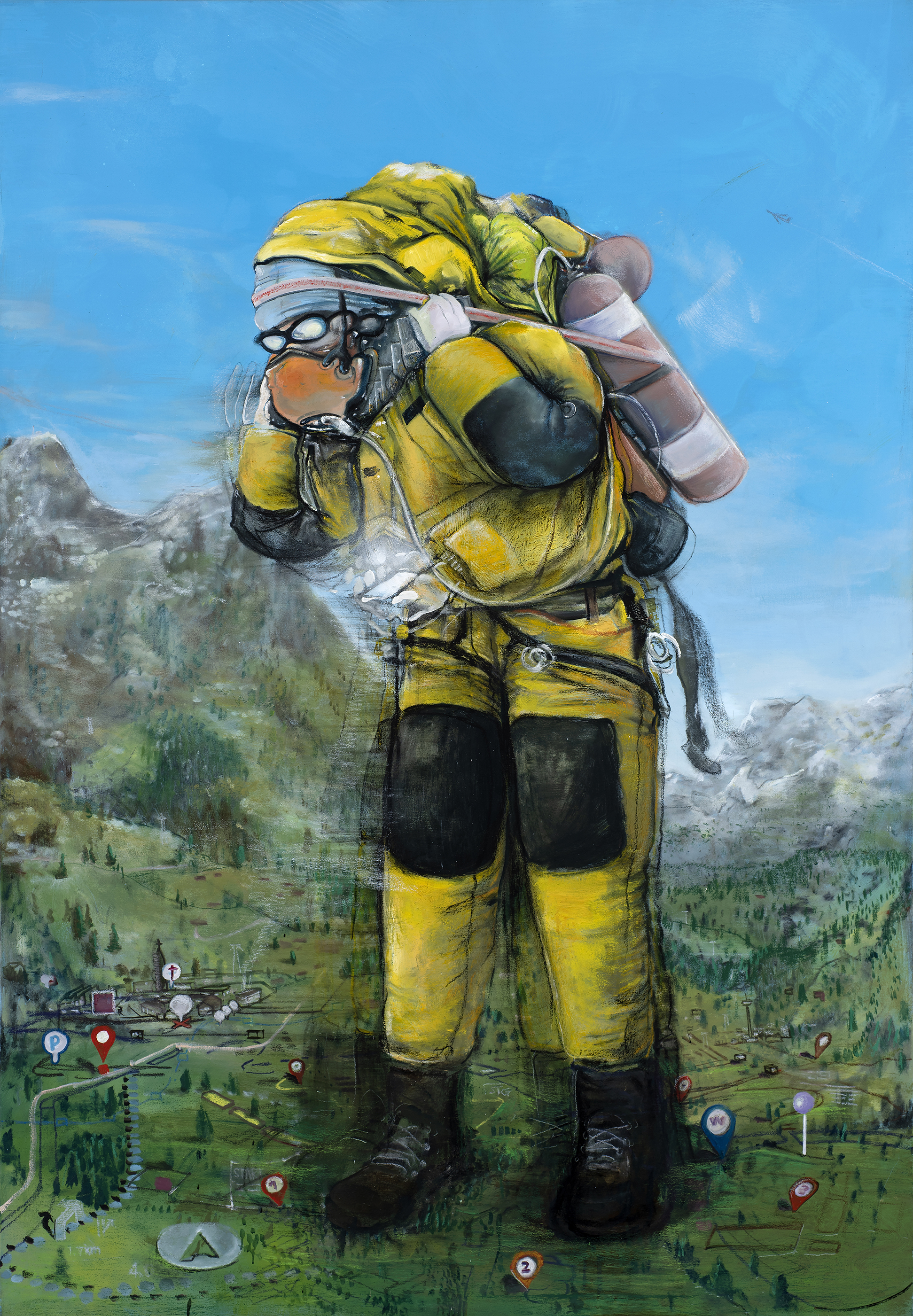 Pascal Sender, Search 4, oil on canvas. Surreal, abstracted, distorted figure, also can be viewed in AR (augmented reality).