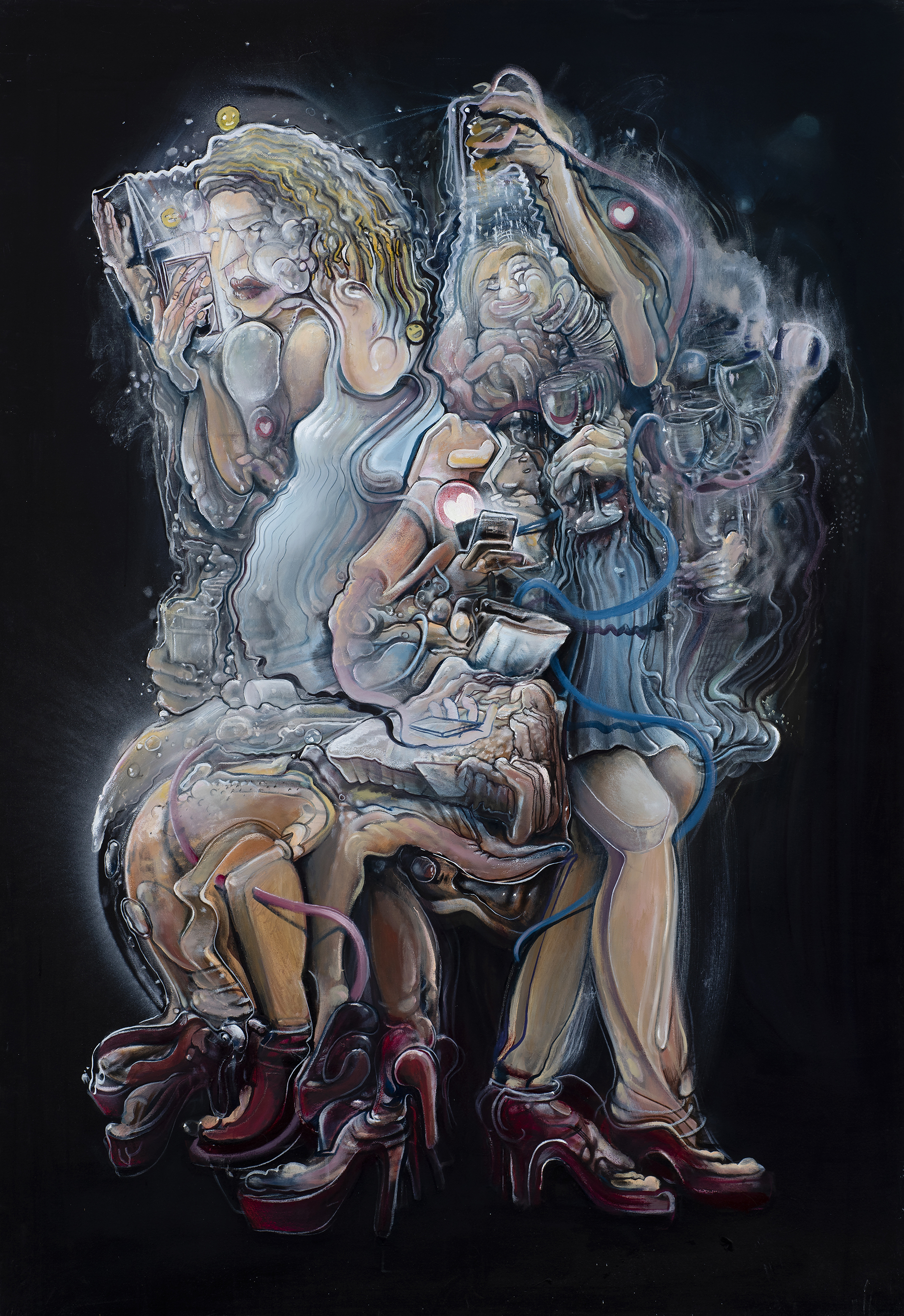 Pascal Sender, Network 4, oil on canvas + digital. Surreal, abstracted, distorted figure, also can be viewed in AR (augmented reality).