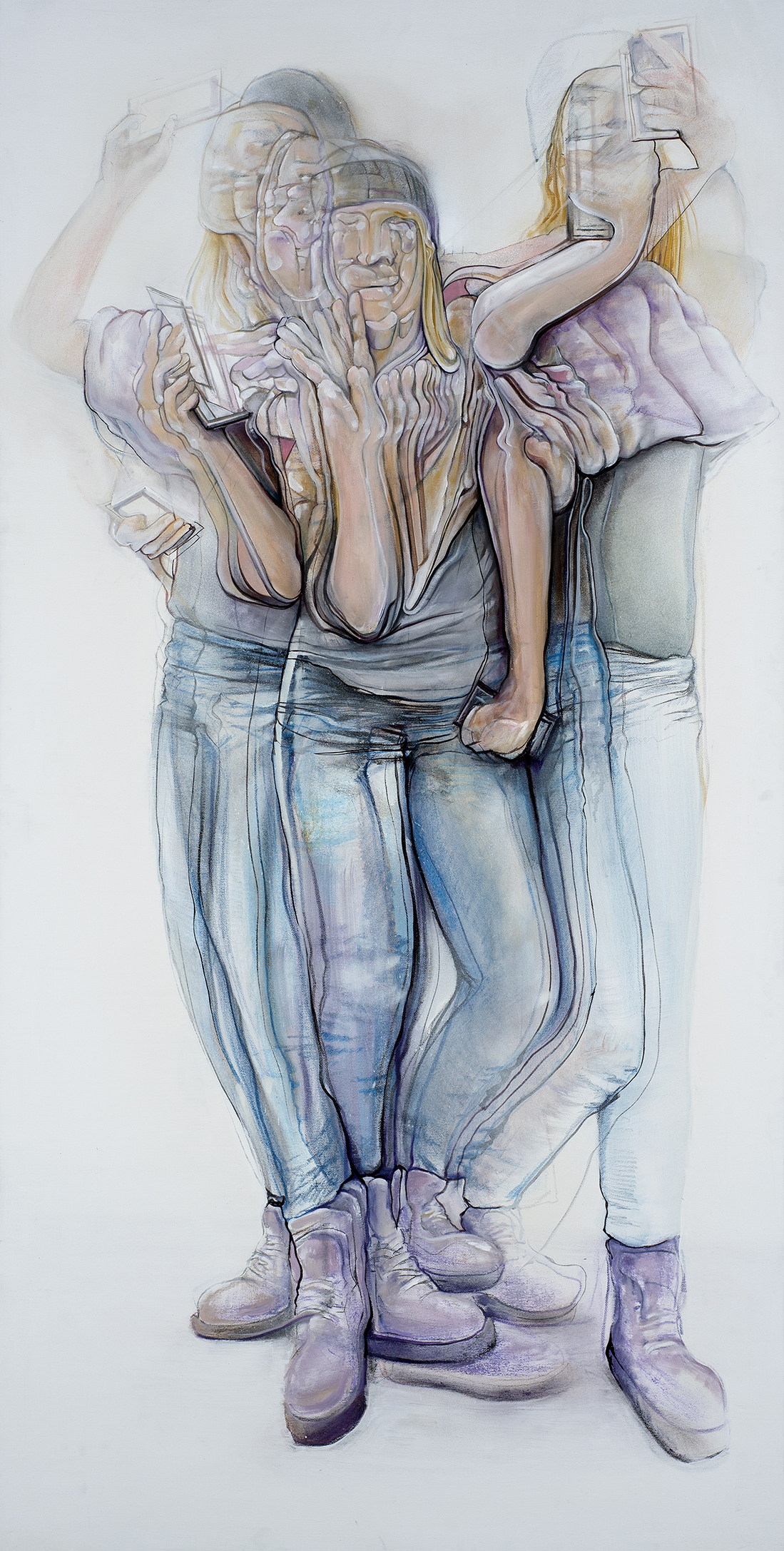 Pascal Sender, Selfie-W, oil on canvas + digital. Surreal, abstracted, distorted figure, also can be viewed in AR (augmented reality).