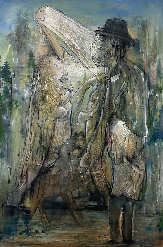 Pascal Sender, Fam88, oil on canvas. Surreal, abstracted, distorted figure, also can be viewed in AR (augmented reality).