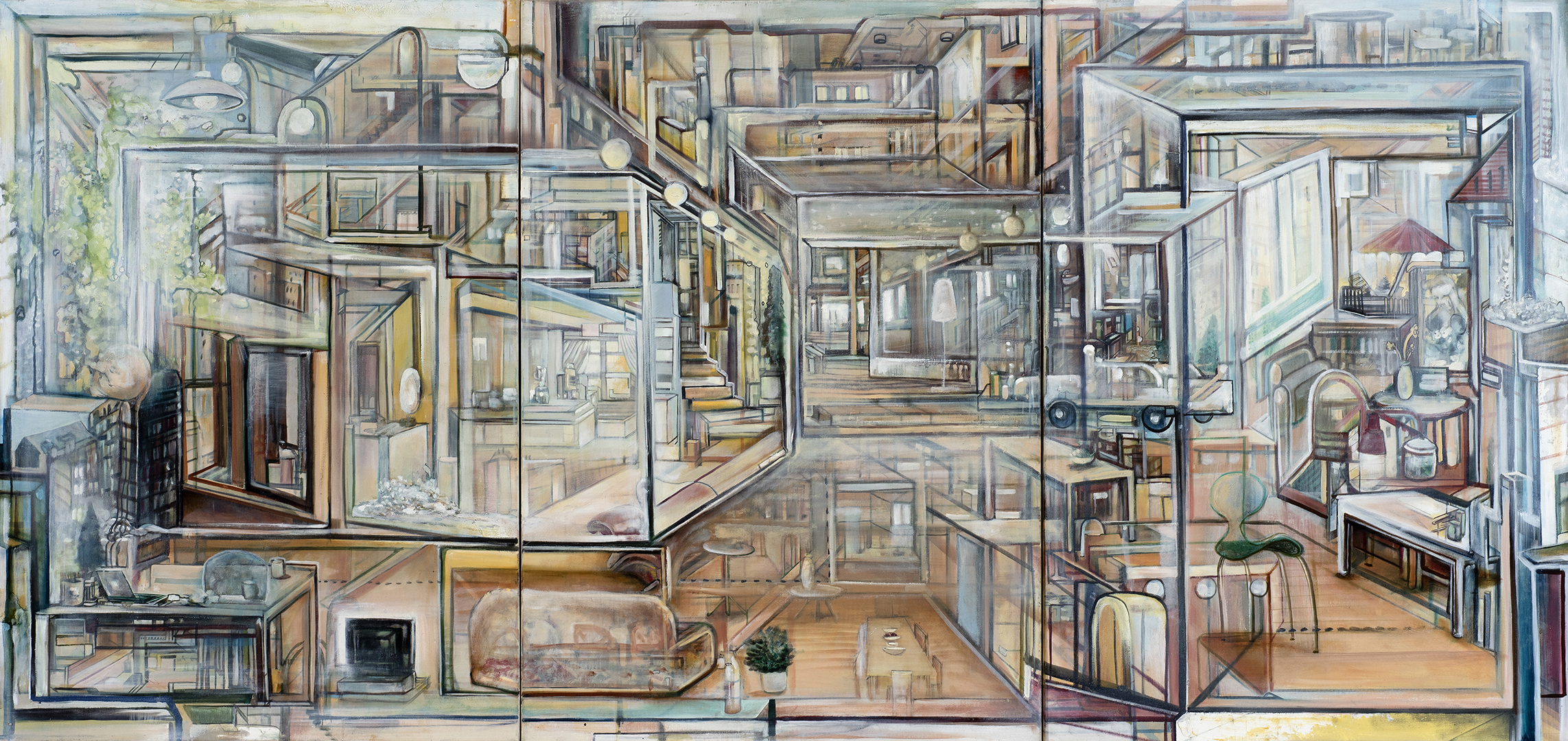 Pascal Sender, Xrayhome, oil on canvas + digital. Surreal, abstracted, distorted structure, also can be viewed in AR (augmented reality).