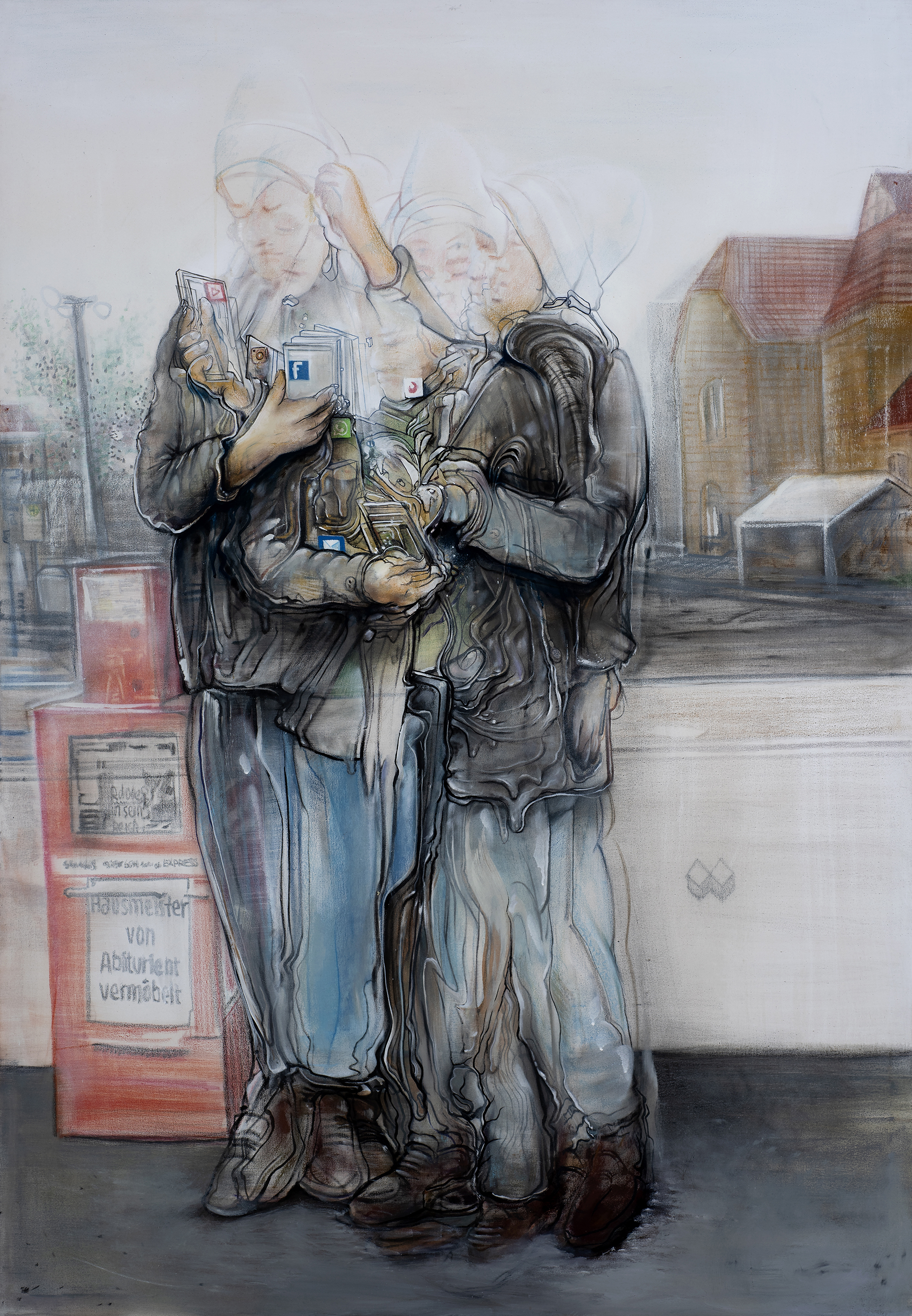 Pascal Sender, Wait 8, oil on canvas. Surreal, abstracted, distorted figure, also can be viewed in AR (augmented reality).