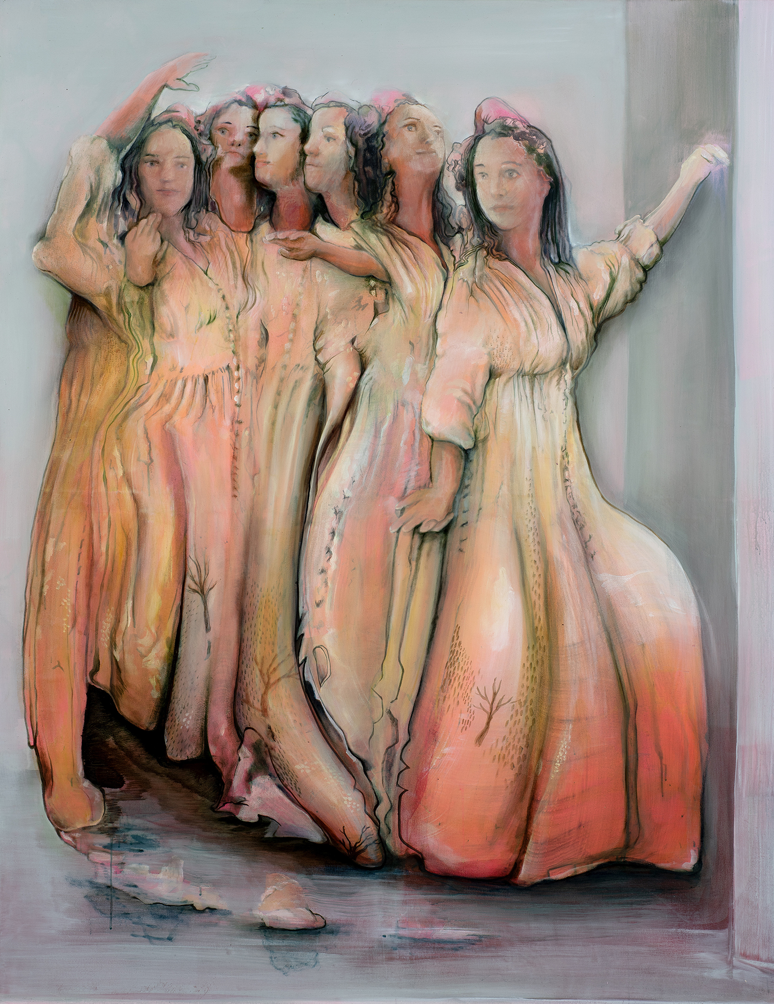 Pascal Sender, Phoebe, oil on canvas. Surreal, abstracted, distorted figure, also can be viewed in AR (augmented reality).