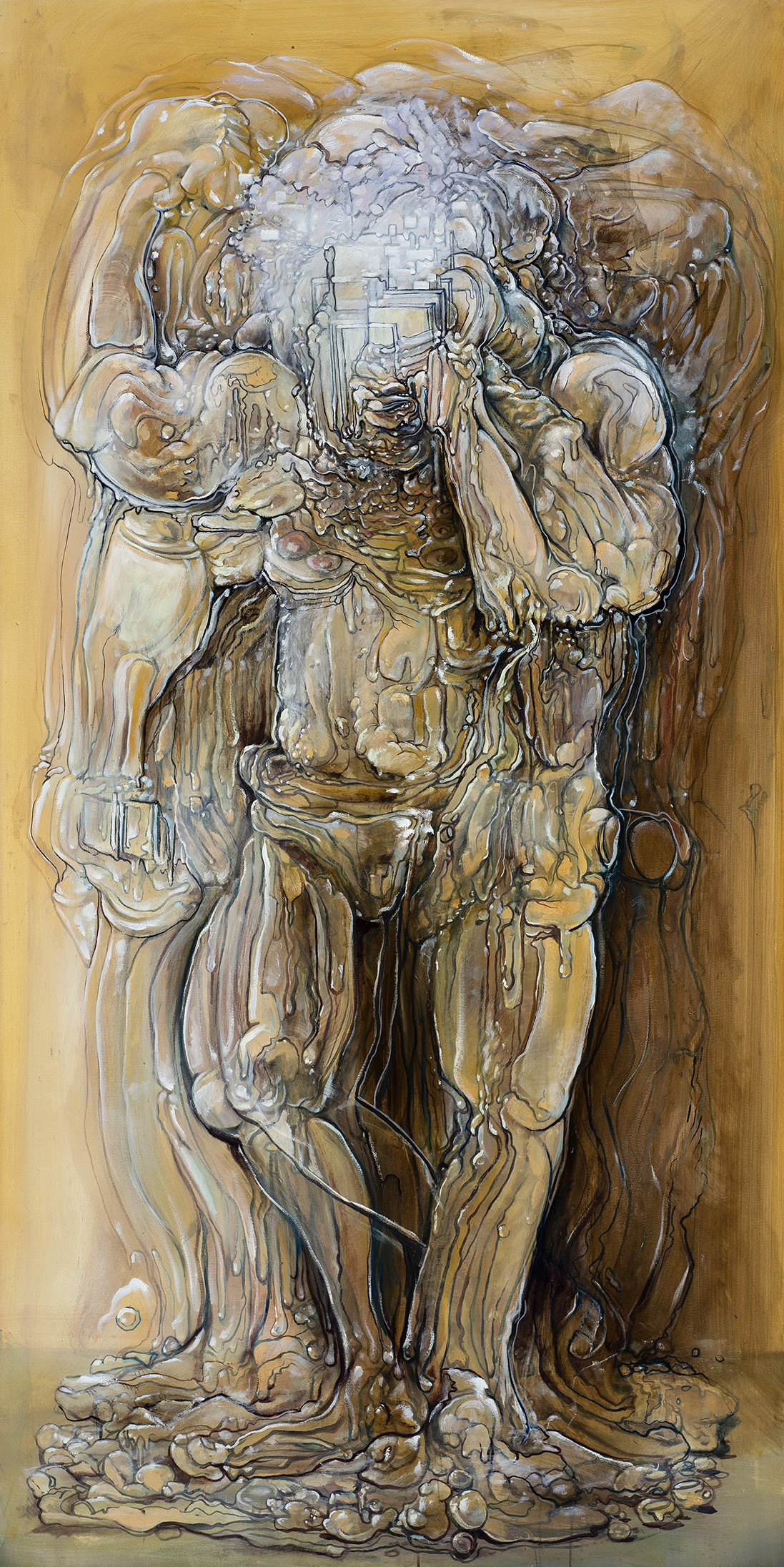 Pascal Sender, Selfie-M, oil on canvas + digital. Surreal, abstracted, distorted figure, also can be viewed in AR (augmented reality).