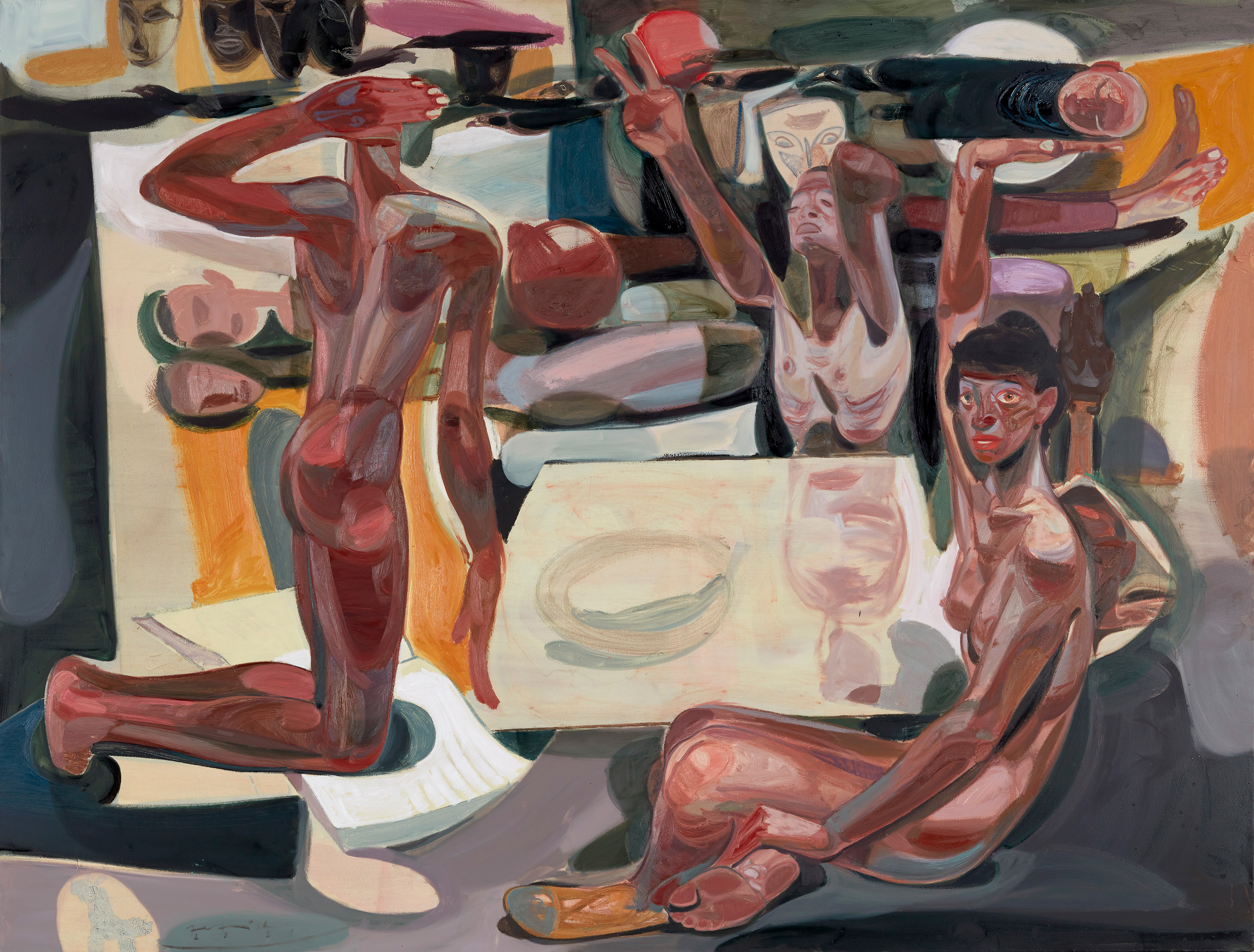 Tesfaye Urgessa, Same old shit 5, oil paint on canvas. A vibrant expressionist figurative painting influenced by ethiopian iconography.