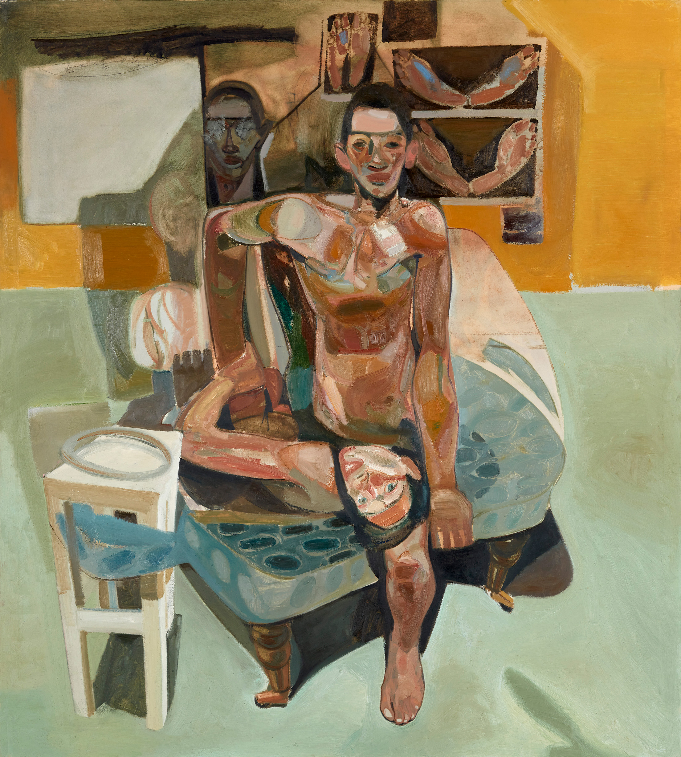 Tesfaye Urgessa, Die beobachteten 18, oil paint on canvas. A vibrant expressionist figurative painting influenced by ethiopian iconography.