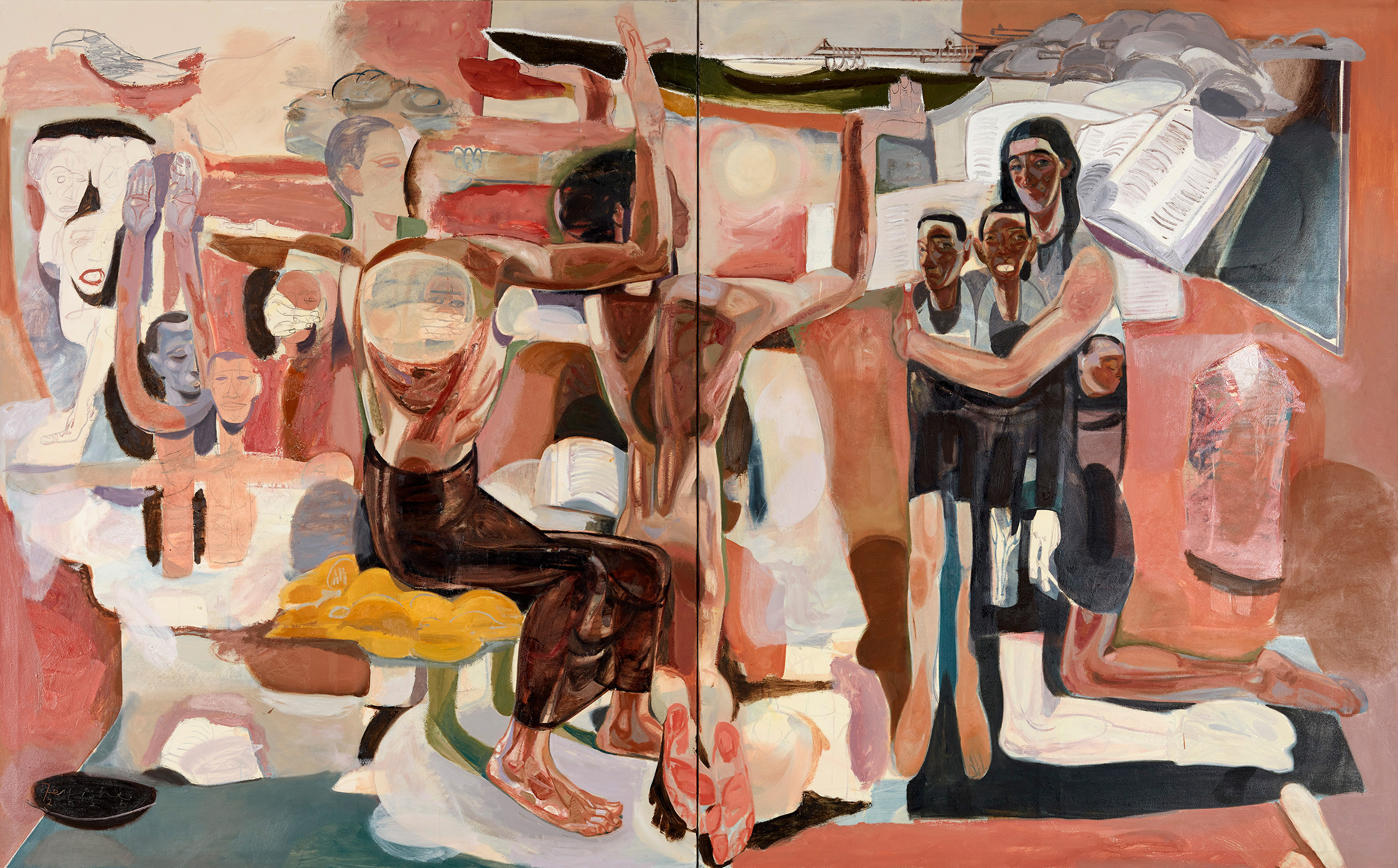 Tesfaye Urgessa, Chasing after the wind, oil paint on canvas. A vibrant expressionist figurative painting influenced by ethiopian iconography.