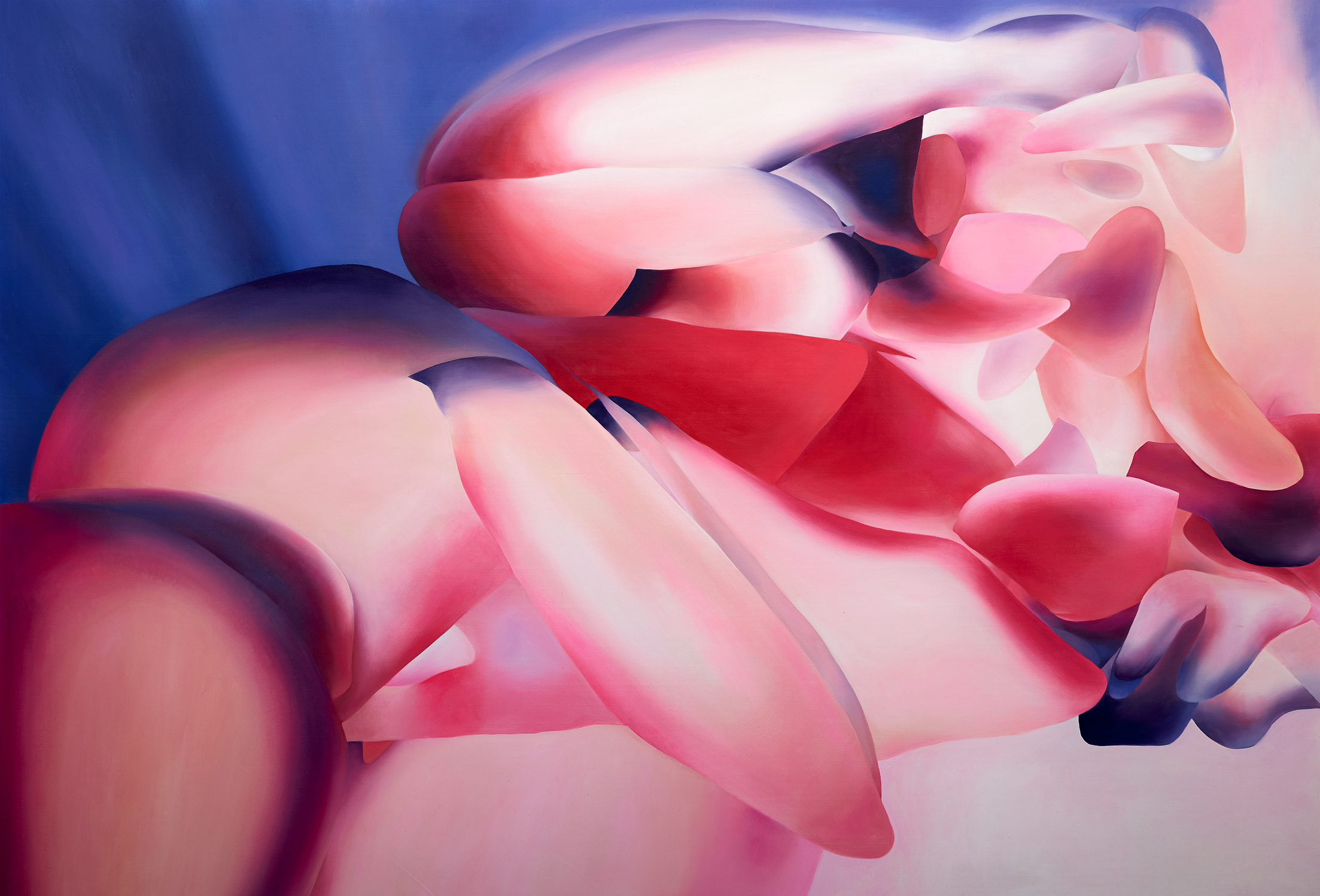 Angela Santana, Confluence, digitally manipulated found images, oil painted powerful, semi-nude female figures , disrupts male gaze