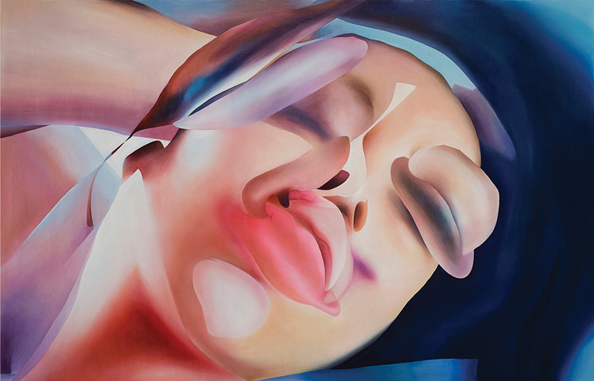 Angela Santana, Fruitful Thoughts, digitally manipulated found images, oil painted powerful, semi-nude female figures , disrupts male gaze