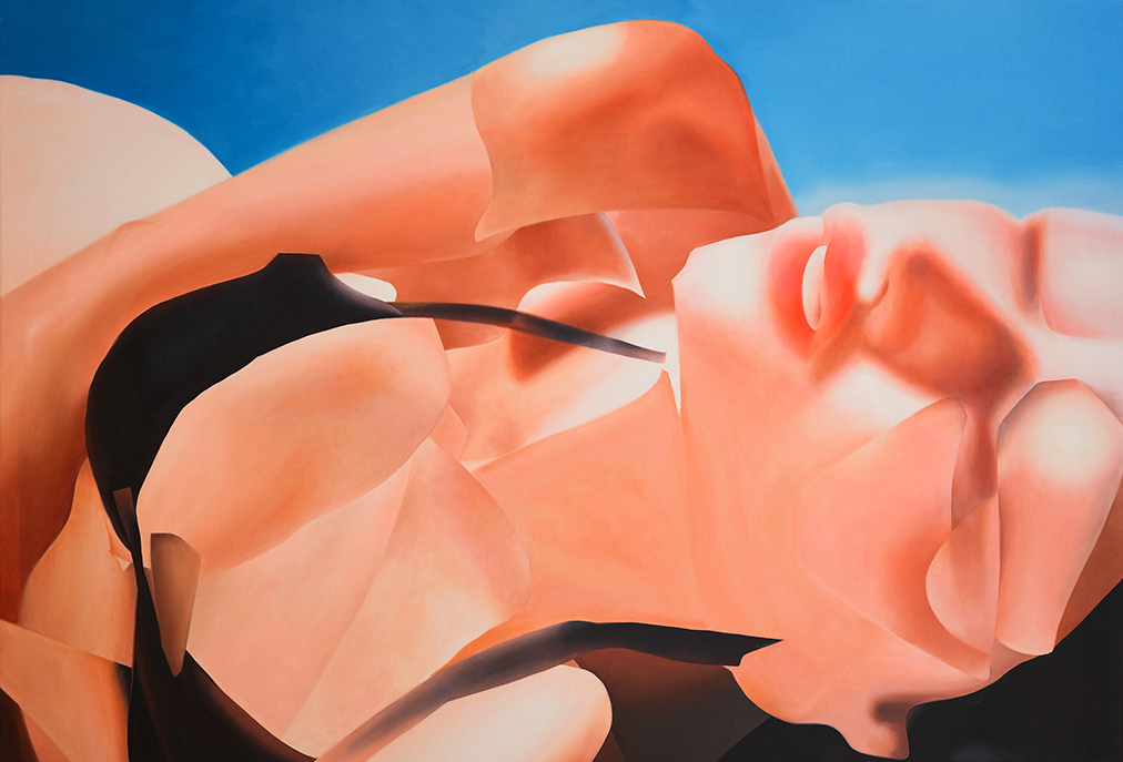 Angela Santana, Sharp Mind, digitally manipulated found images, oil painted powerful, semi-nude female figures , disrupts male gaze