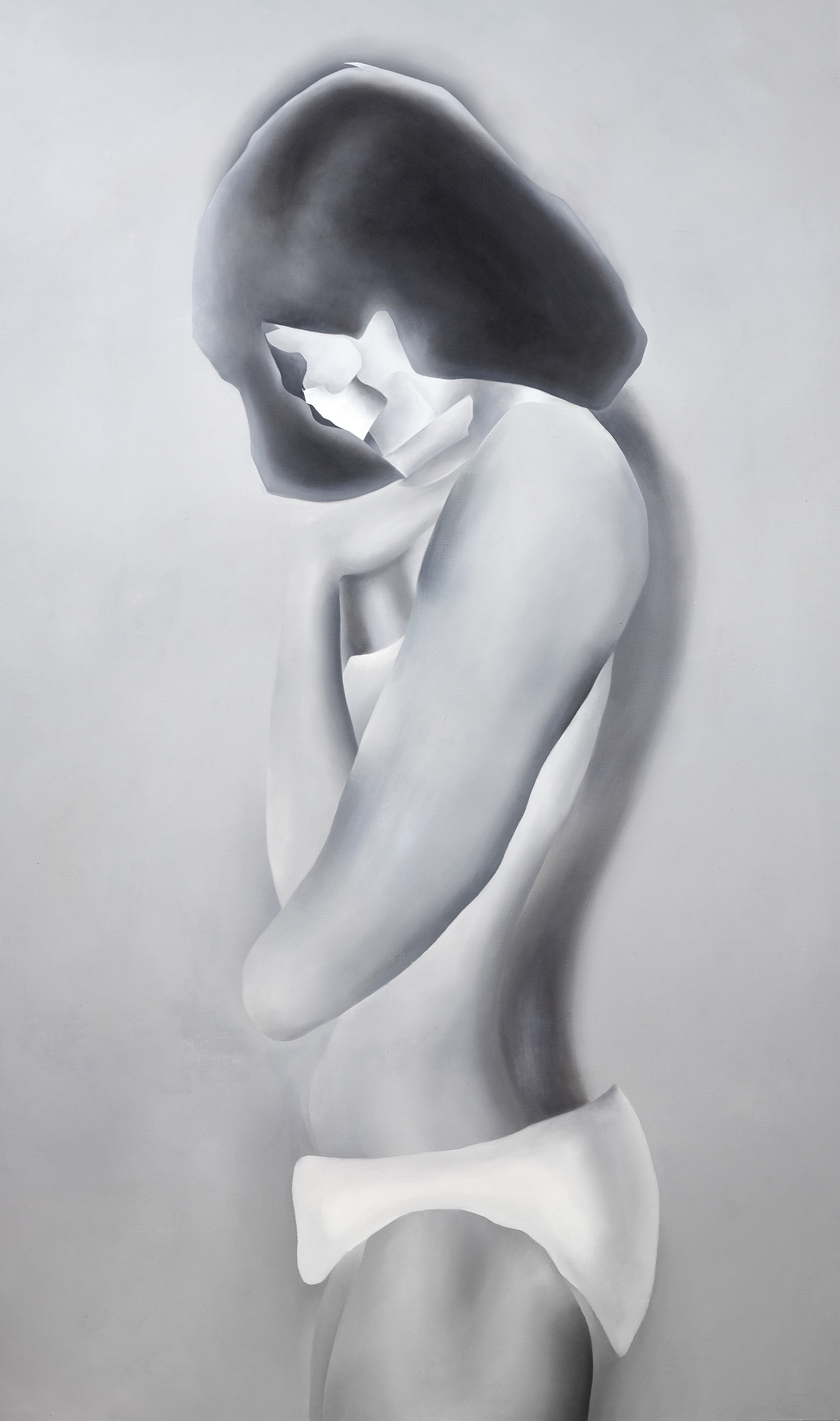 Angela Santana, The Thinker, digitally manipulated found images, oil painted powerful, semi-nude female figures , disrupts male gaze