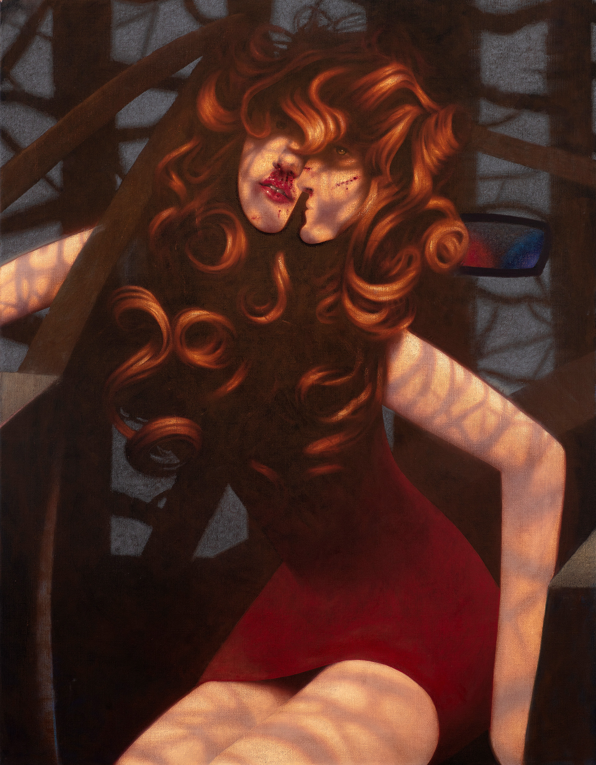 Benjamin Spiers, Wrecked, All Weekend, oil paint on linen. Distorted, dream-like characters inspired by surrealism and cubism by British artist.