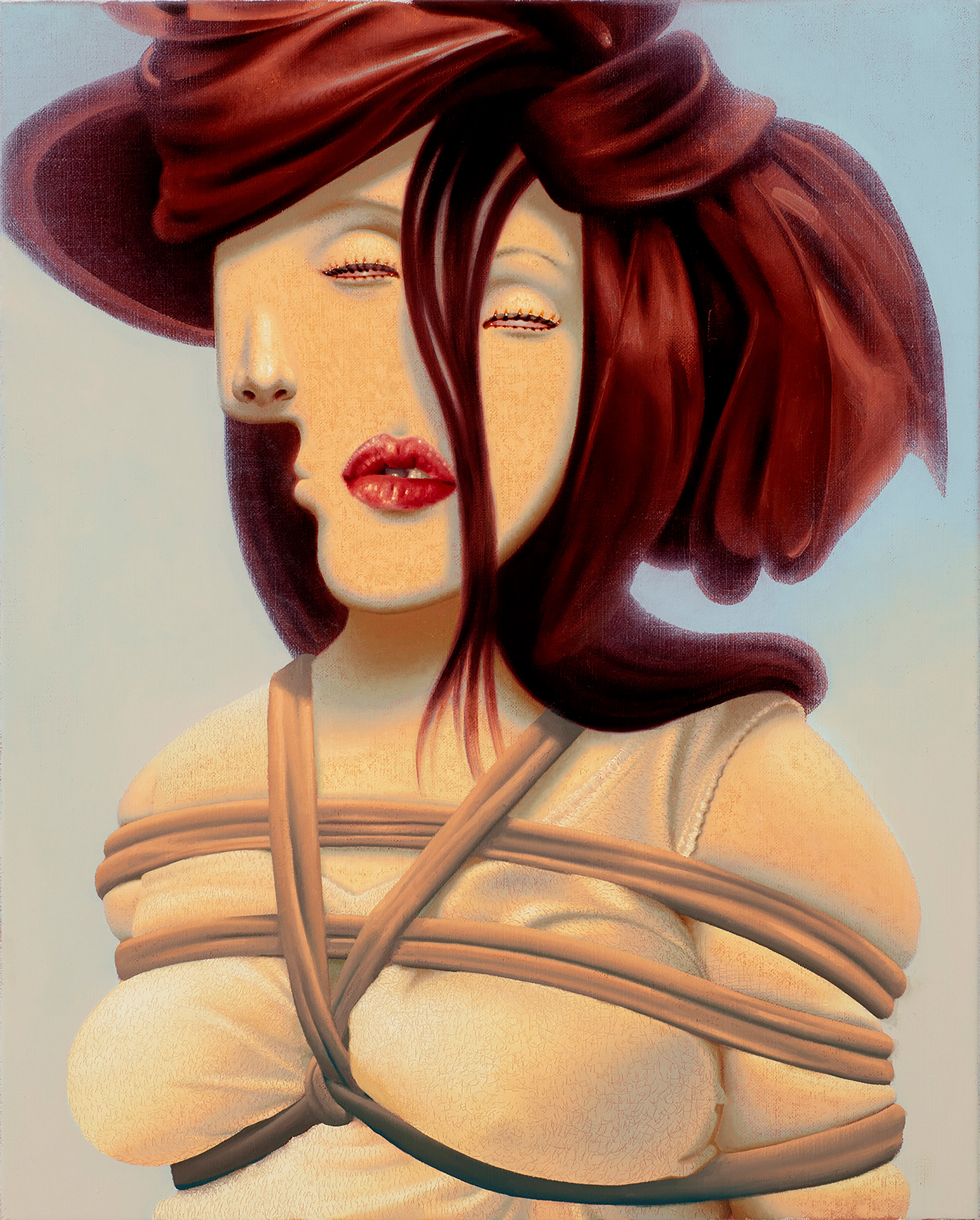 Benjamin Spiers, Undone, oil paint on linen. Distorted, dream-like characters inspired by surrealism and cubism by British artist.
