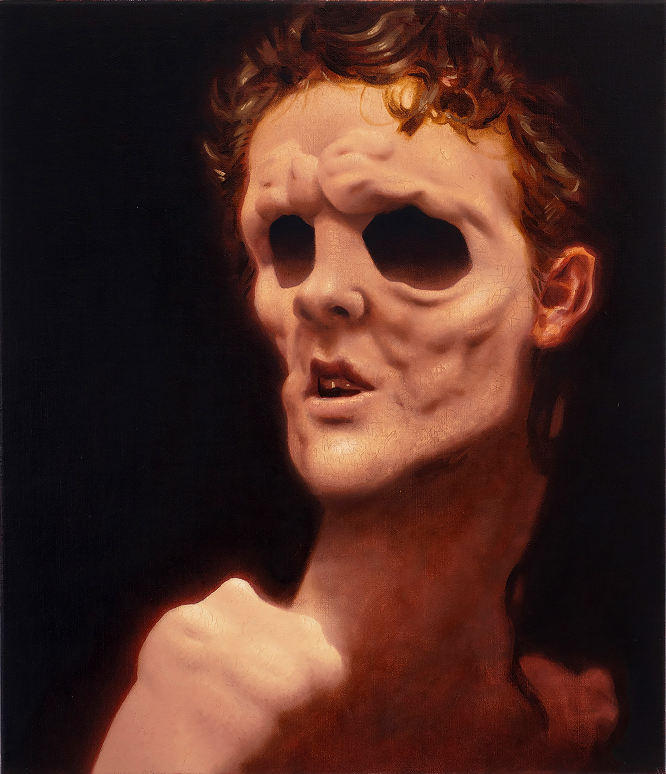 Benjamin Spiers, Oedipus, oil paint on linen. Distorted, dream-like characters inspired by surrealism and cubism by British artist.