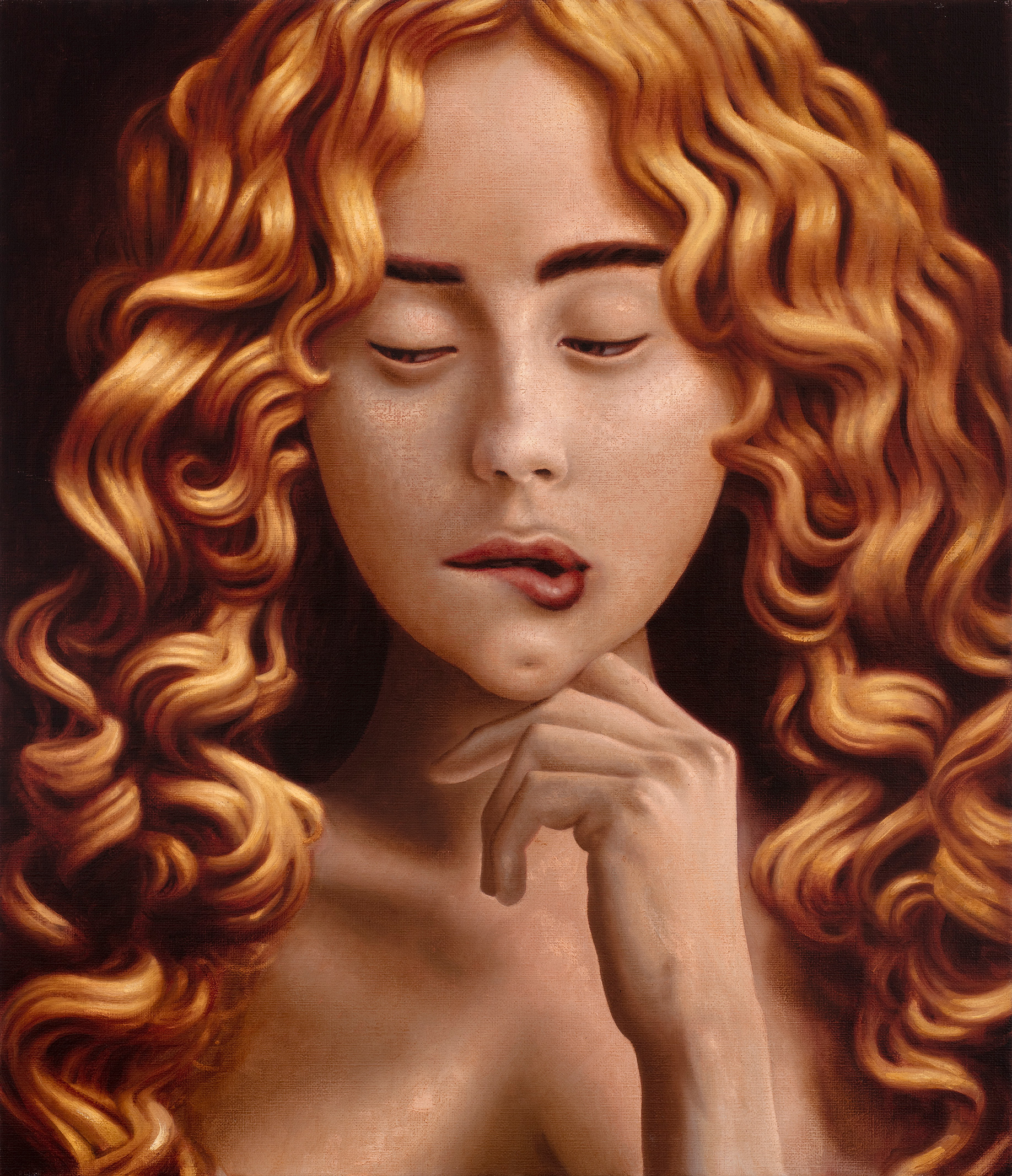 Benjamin Spiers, Side Eye, oil paint on linen. Distorted, dream-like characters inspired by surrealism and cubism by British artist.