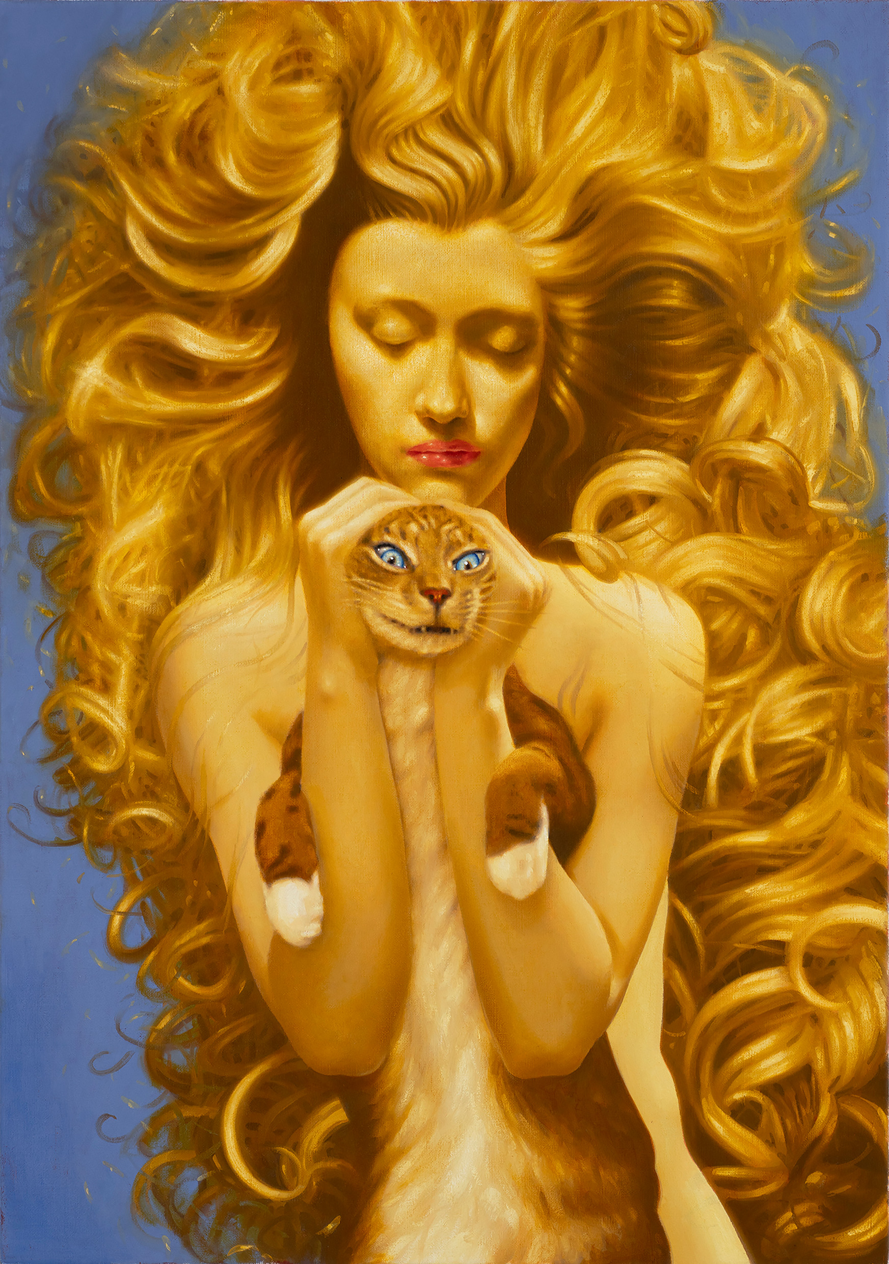 Benjamin Spiers, Woman Holding Cat, oil paint on linen. Distorted, dream-like characters inspired by surrealism and cubism by British artist.