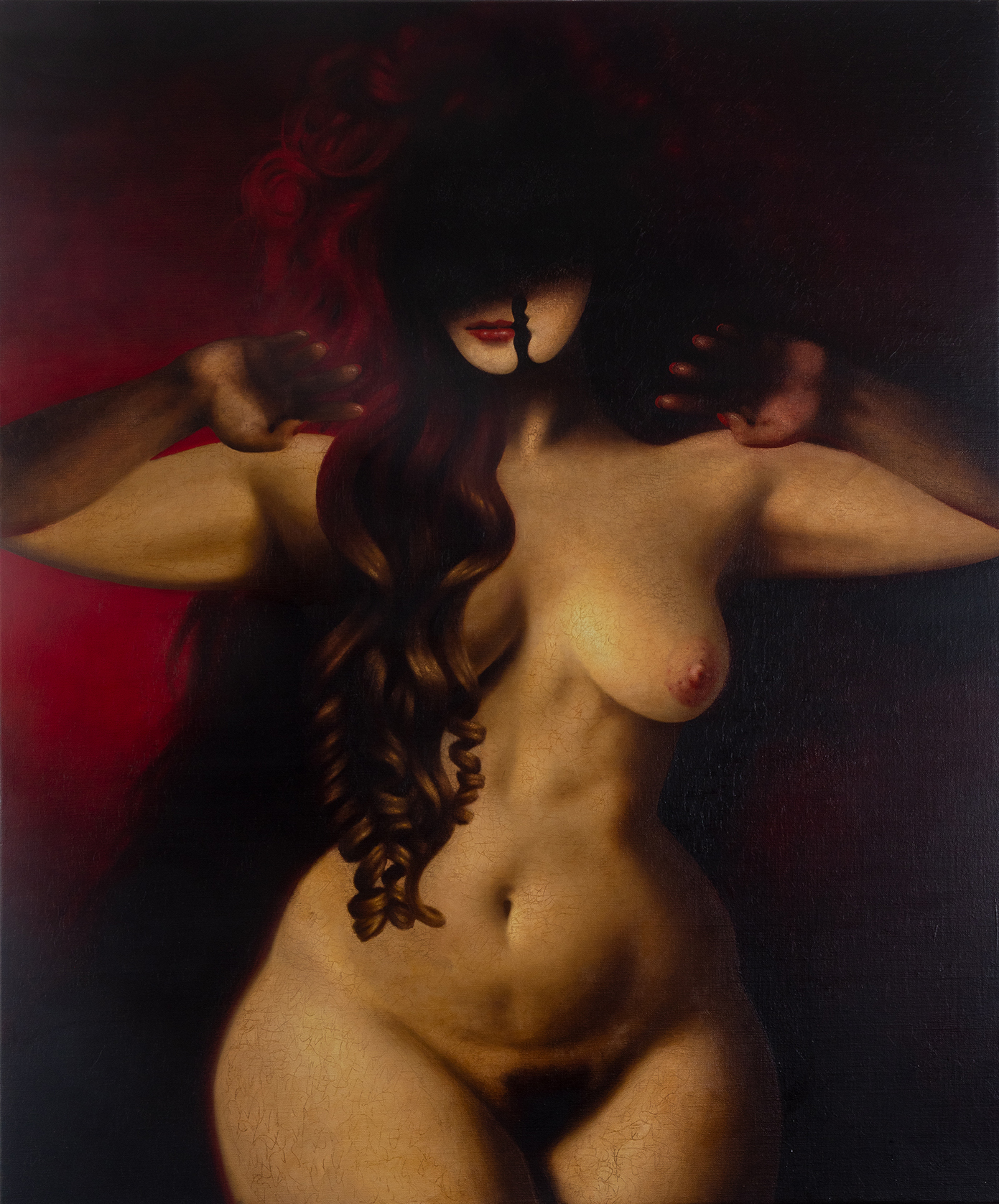Benjamin Spiers,Absorbing Mirrors, oil paint on linen. Distorted, dream-like characters inspired by surrealism and cubism by British artist.