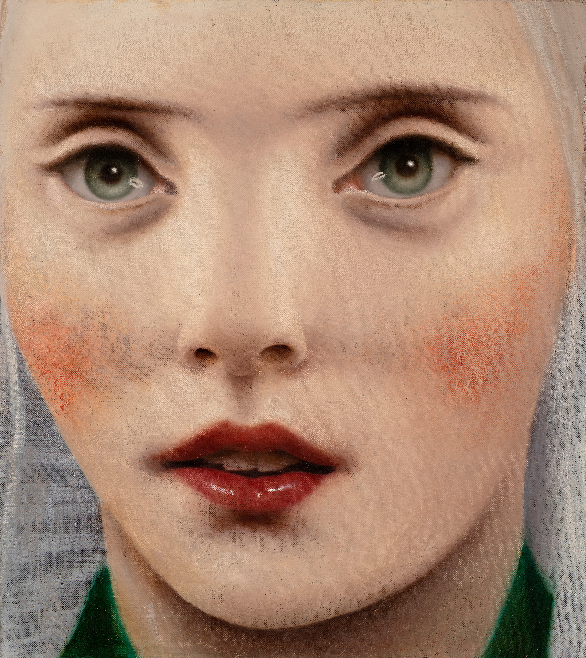 Benjamin Spiers, The Nun, oil paint on linen. Distorted, dream-like characters inspired by surrealism and cubism by British artist.