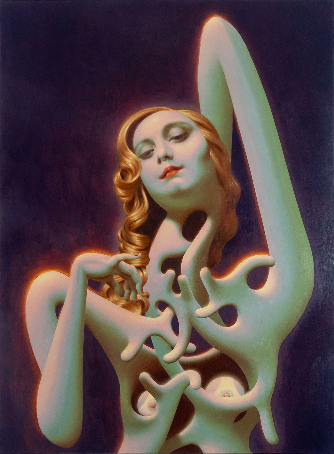 Benjamin Spiers, Pinkie, oil paint on linen. Distorted, dream-like characters inspired by surrealism and cubism by British artist.
