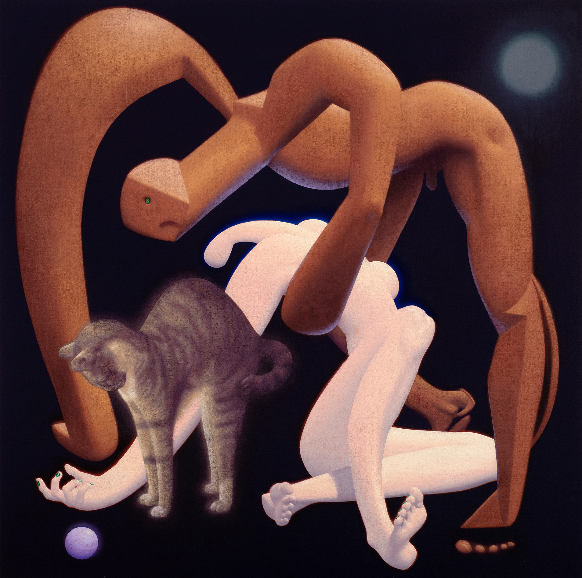 Benjamin Spiers, Lovers Under a Green Moon, oil paint on linen. Distorted, dream-like characters inspired by surrealism and cubism by British artist.