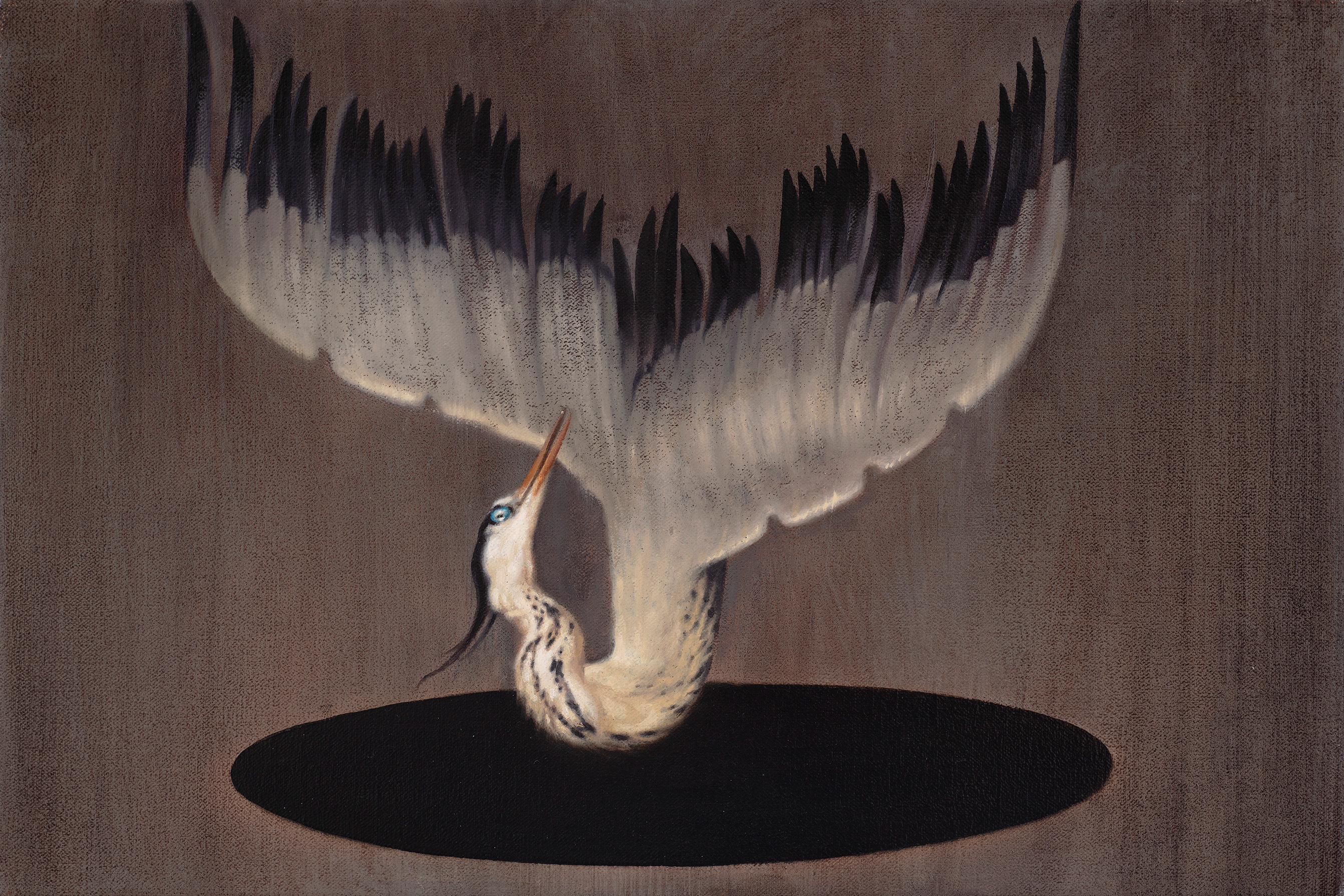 Benjamin Spiers, Swiftly, Wings Outspread, oil on linen. Distorted, dream-like characters inspired by surrealism and cubism by British artist.