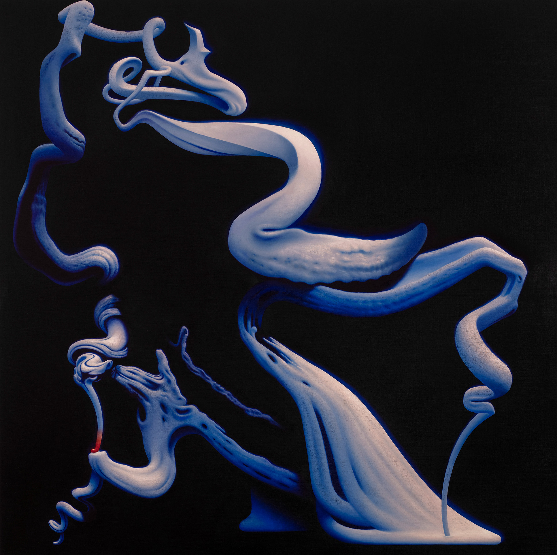 Benjamin Spiers, Plato's Tree, oil paint on linen.  Distorted, dream-like characters inspired by surrealism and cubism by British artist.