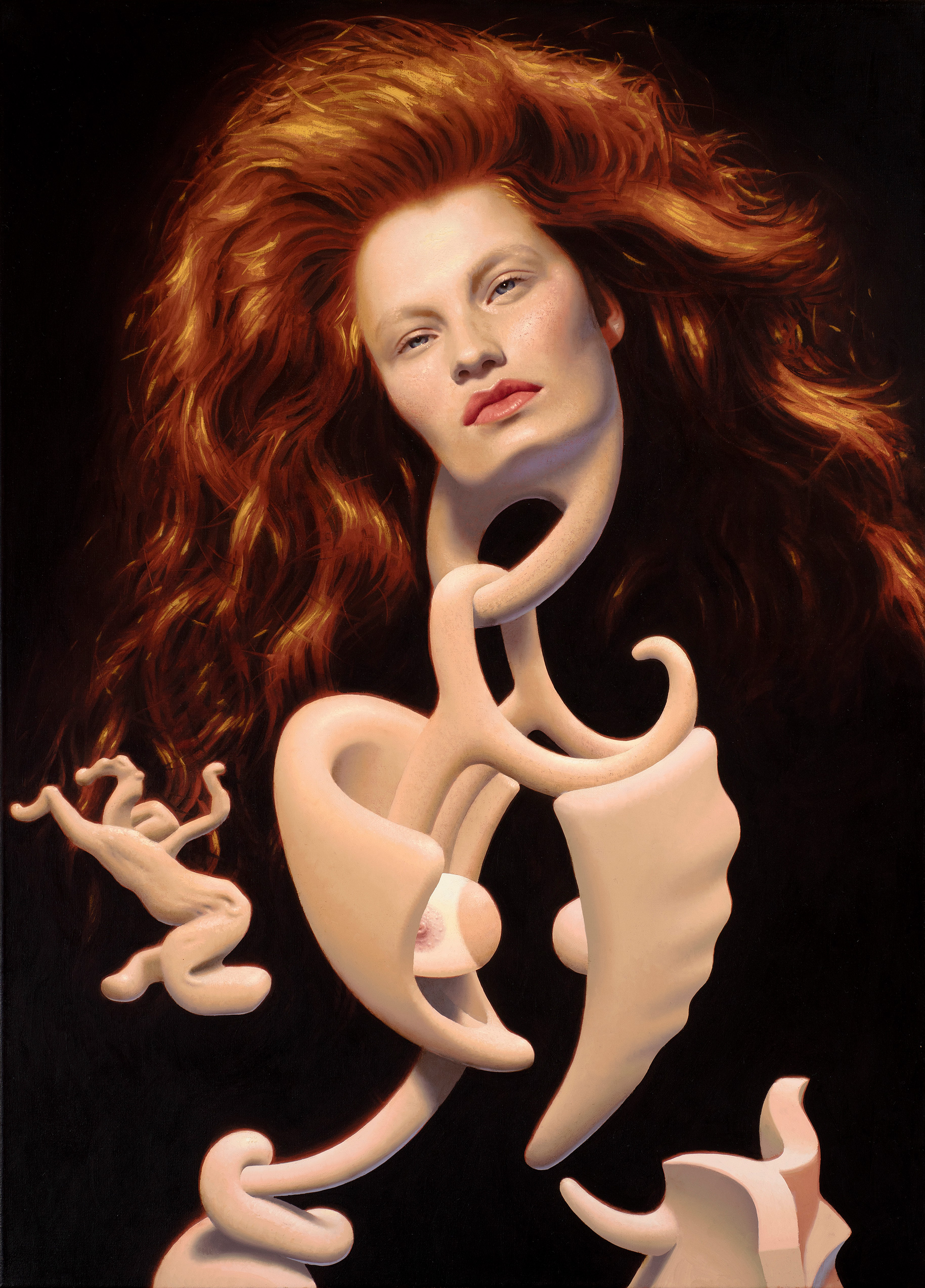 Benjamin Spiers, Tan Lines, oil paint on linen.  Distorted, dream-like characters inspired by surrealism and cubism by British artist.