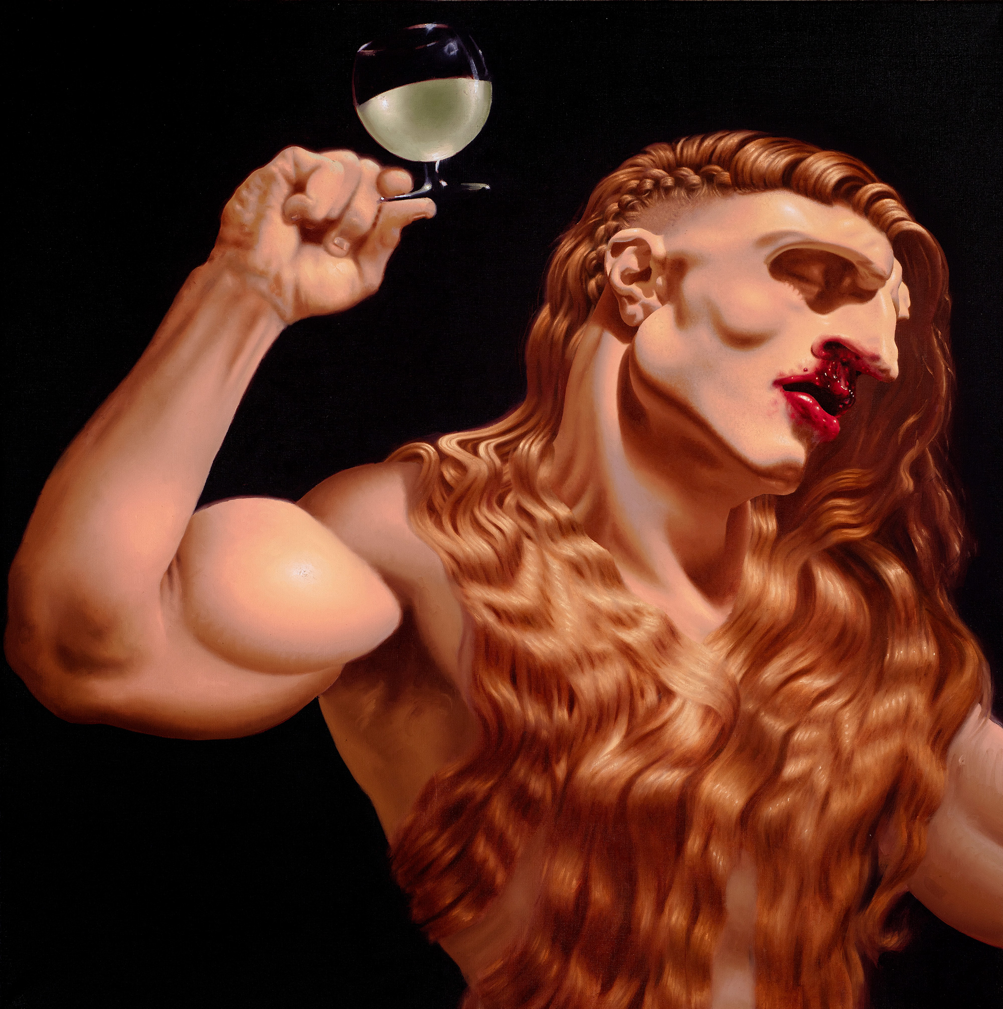 Benjamin Spiers, Hot Mess Or The Absinthe Drinker, oil paint on linen. Distorted, dream-like characters inspired by surrealism and cubism by British artist.