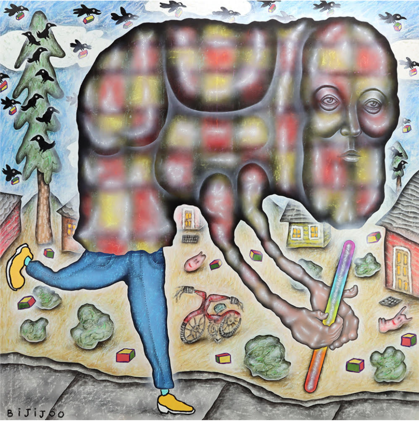 Bijijoo, Memory, 2022, Oil, acrylic, pastel on canvas, 159 x 157 x 2 cm
