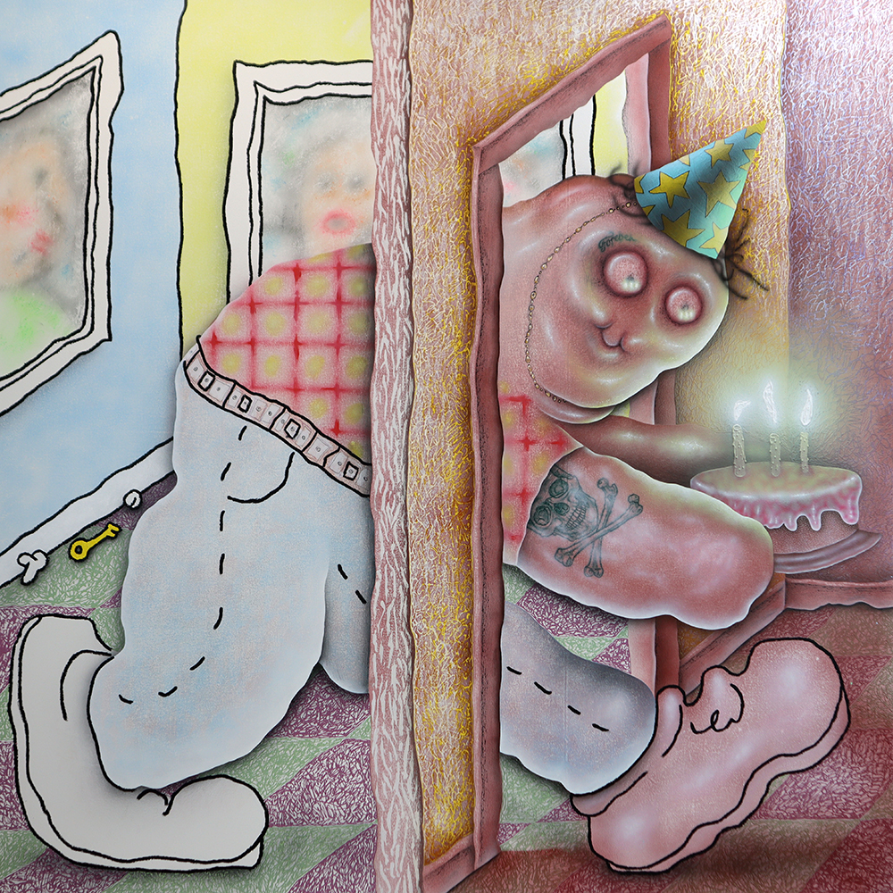 Bijijoo, Birthday, 2022, oil, acrylic & pastel on canvas, 180 x 180 cm