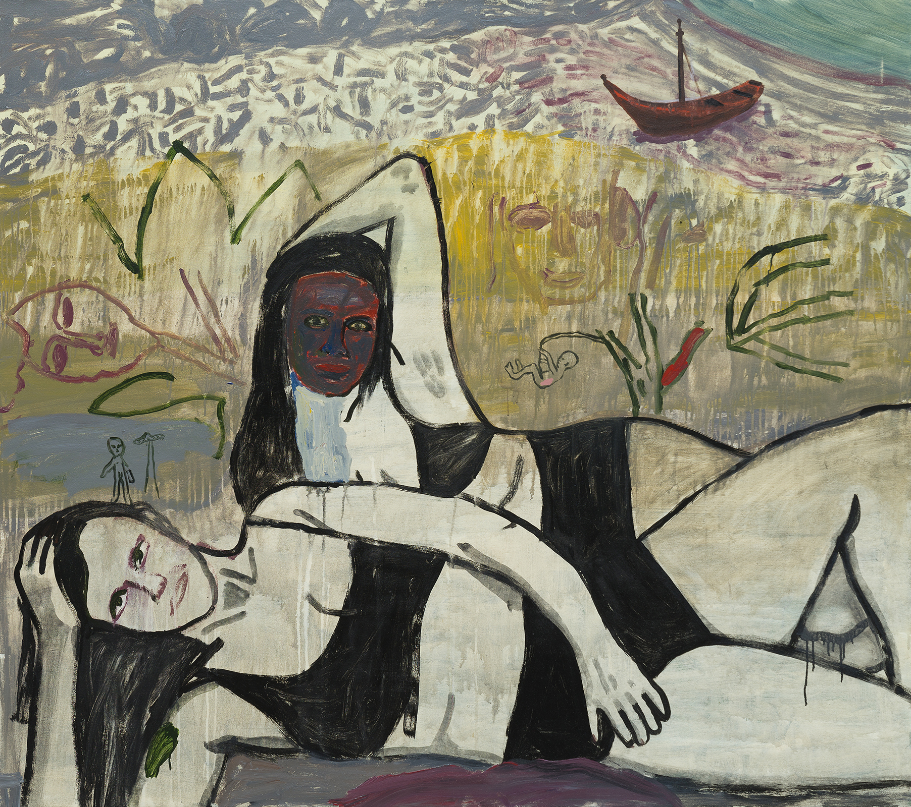 Danny Fox, The Beach is Boring (Without You), acrylic paint on canvas. A modern, fragmented abstraction of folklore and heritage from Cornwall.