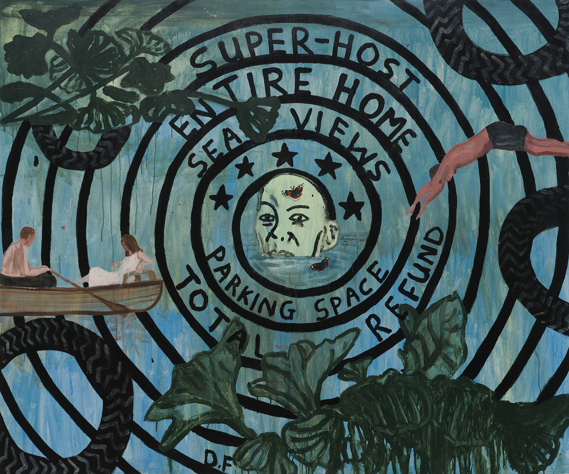 Danny Fox, Super Host, acrylic paint on canvas. A modern, fragmented abstraction of folklore and heritage from Cornwall.