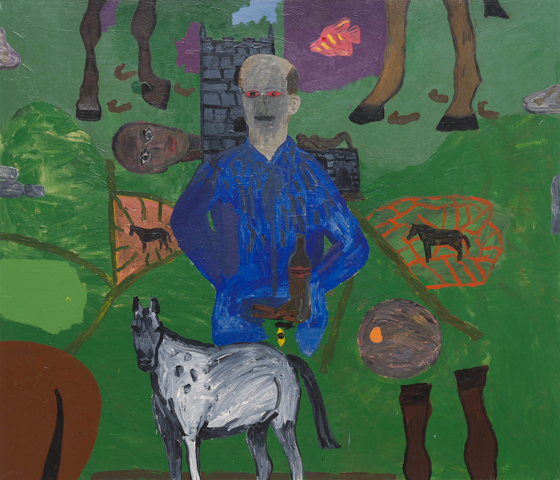 Danny Fox, Portrait of Baldy Prowse, acrylic paint on canvas. A modern, fragmented abstraction of folklore and heritage from Cornwall.