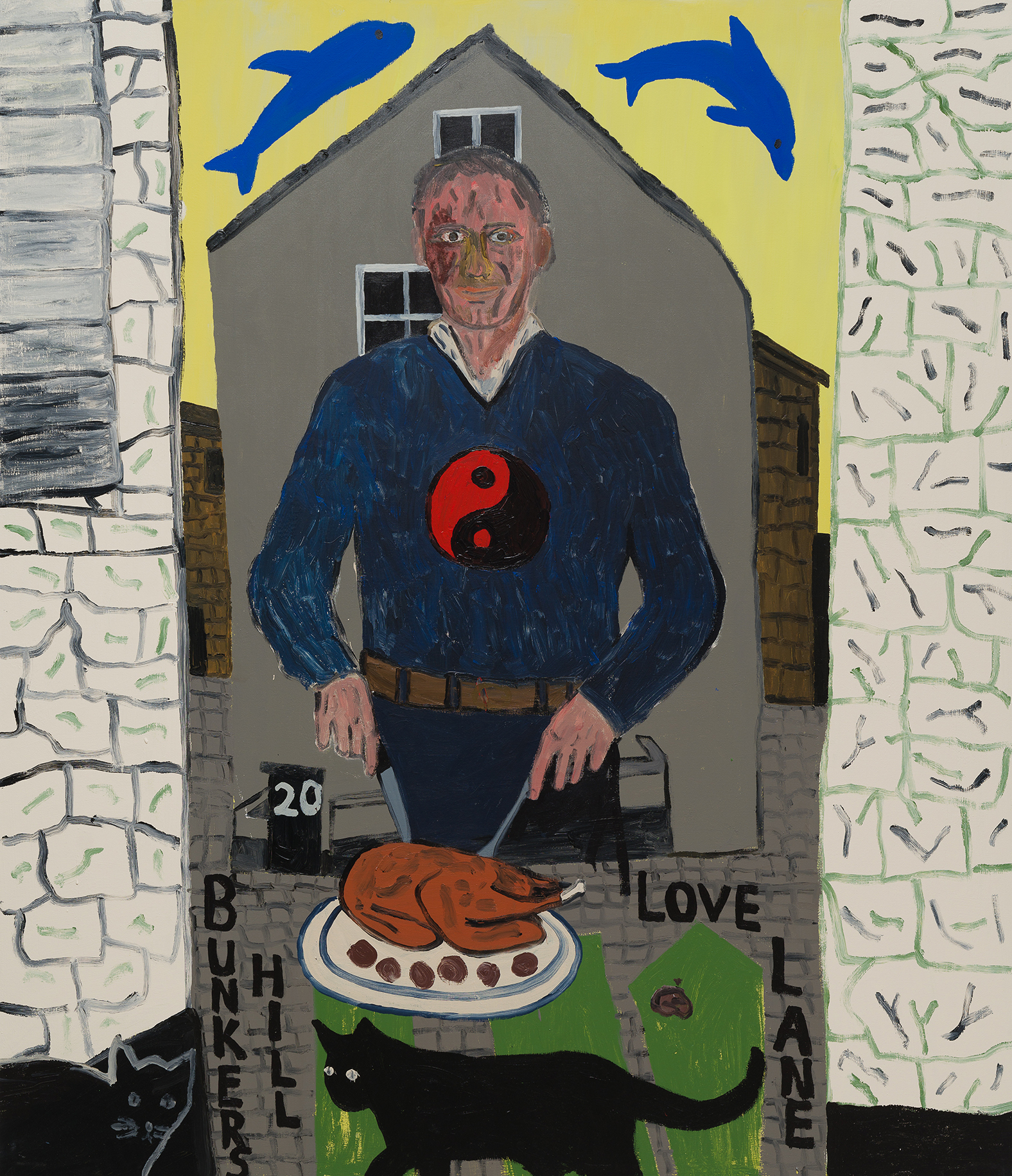 Danny Fox, The Man of the House Cuts the Bird, acrylic paint on canvas. A modern, fragmented abstraction of folklore and heritage from Cornwall.