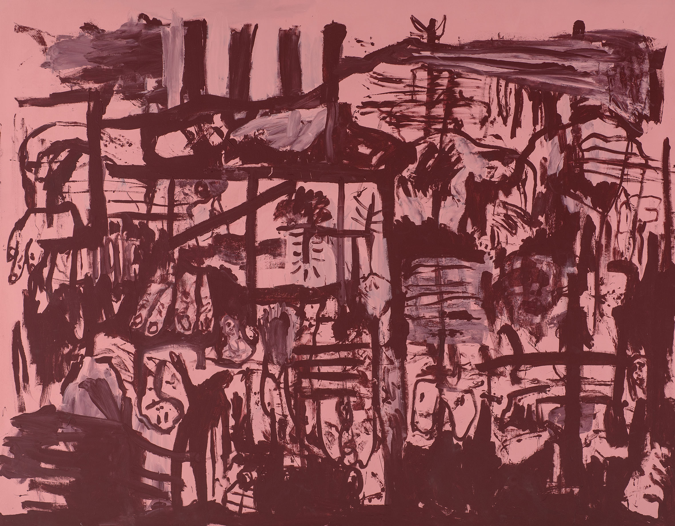 Kottie Paloma, A Garden In My German Industrial North,acrylic paint applied to canvas in an abstract expressionistic manner, influenced by cave paintings and other archetypal symbols.