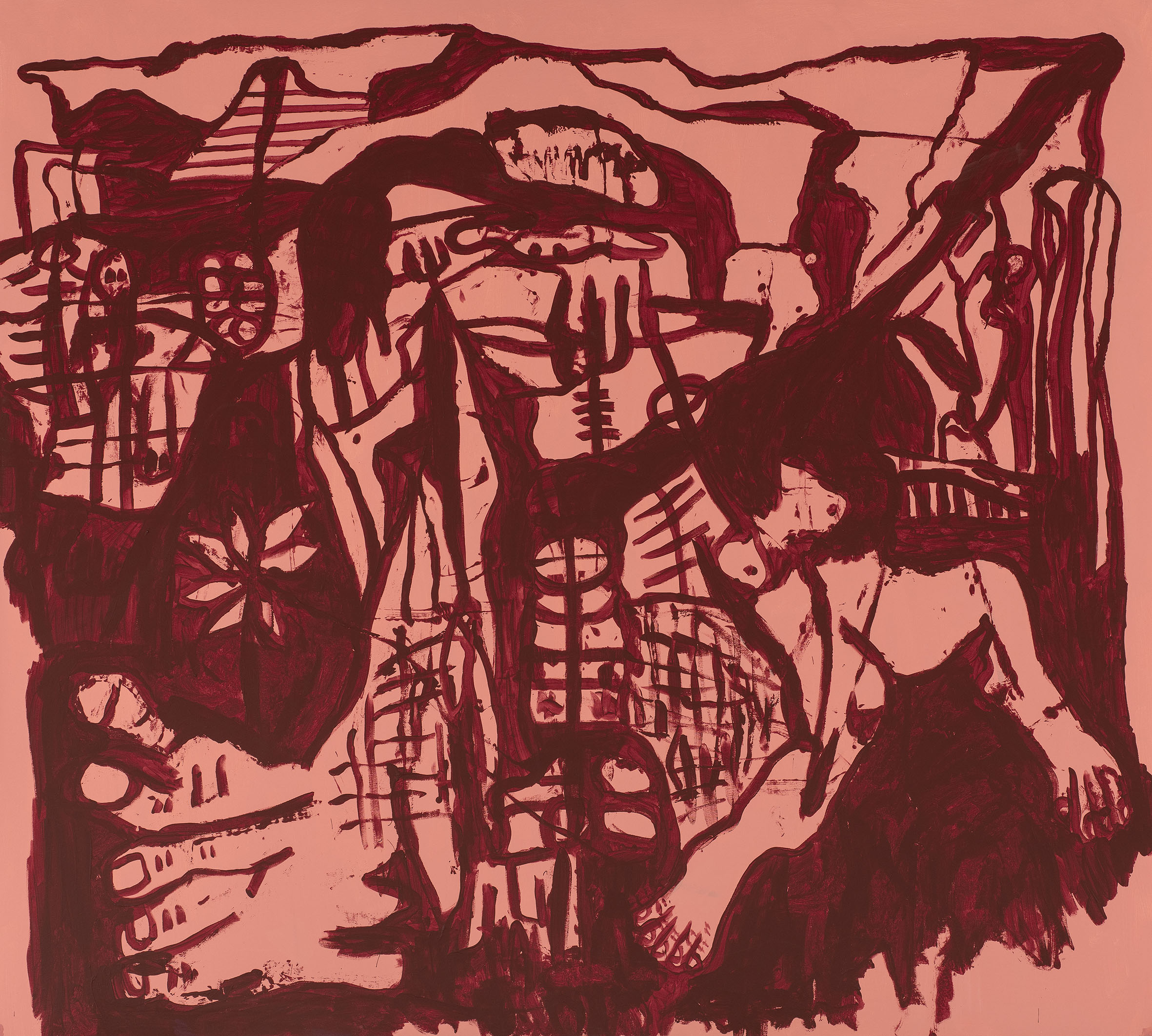 Kottie Paloma, The Hillside By My House In The Village Of Slow Torture And Fine Wine, acrylic paint applied to canvas in an abstract expressionistic manner, influenced by cave paintings and other archetypal symbols.