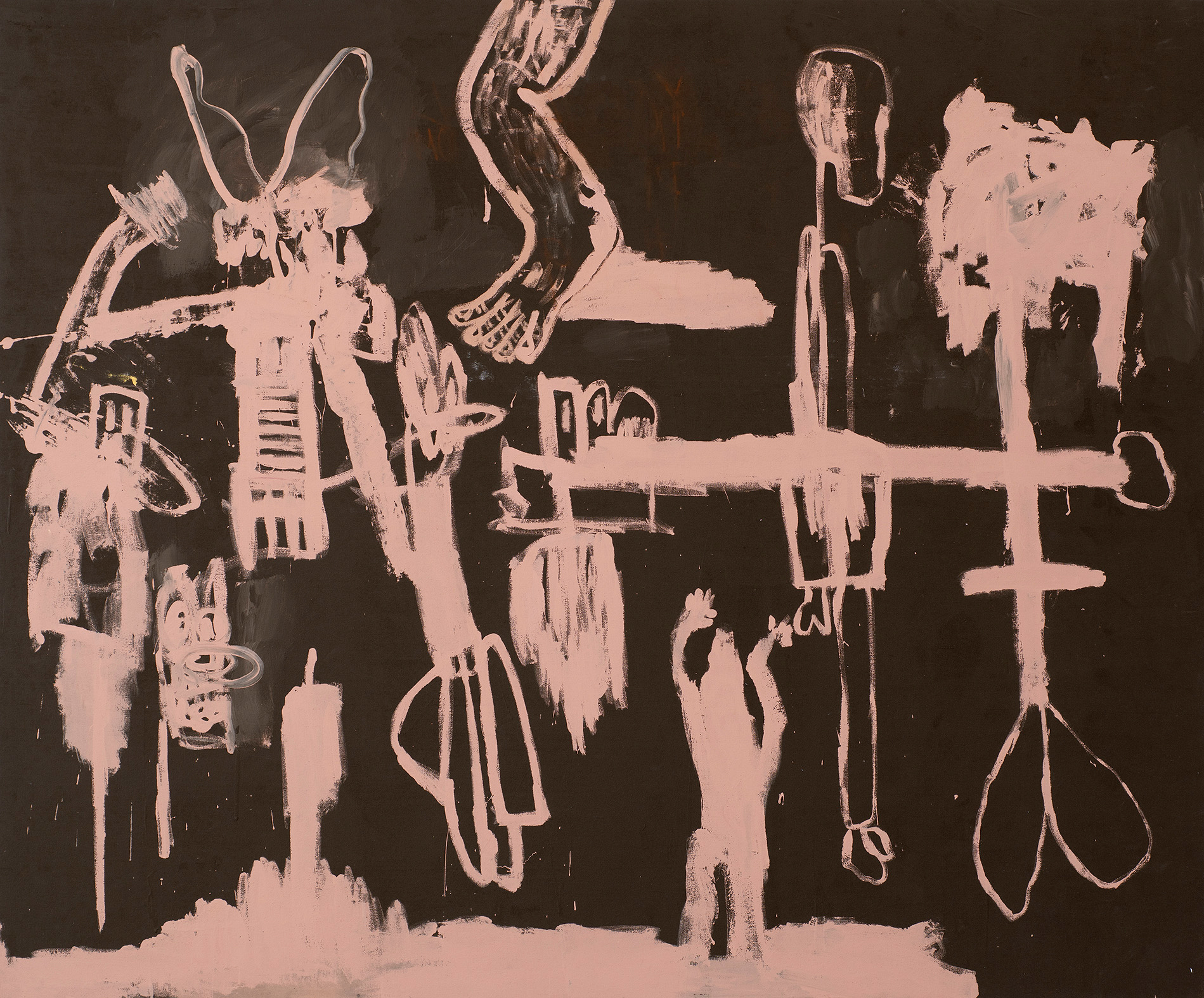 Kottie Paloma, Problem Nomadic #3, acrylic paint applied to canvas in an abstract expressionistic manner, influenced by cave paintings and other archetypal symbols.