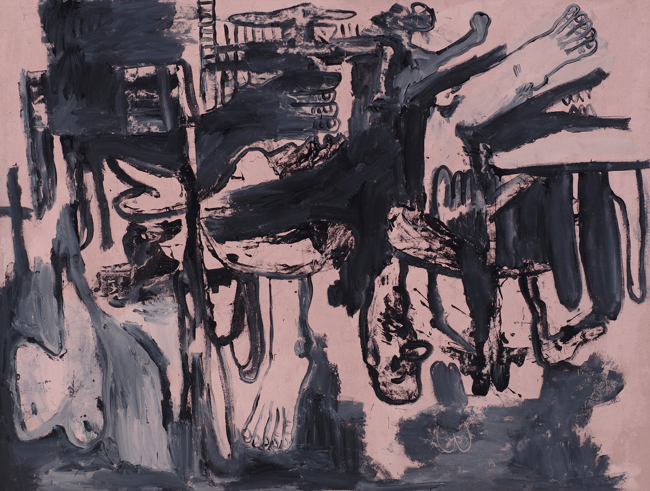 Kottie Paloma, The New Neighborhood, acrylic paint applied to canvas in an abstract expressionistic manner, influenced by cave paintings and other archetypal symbols.