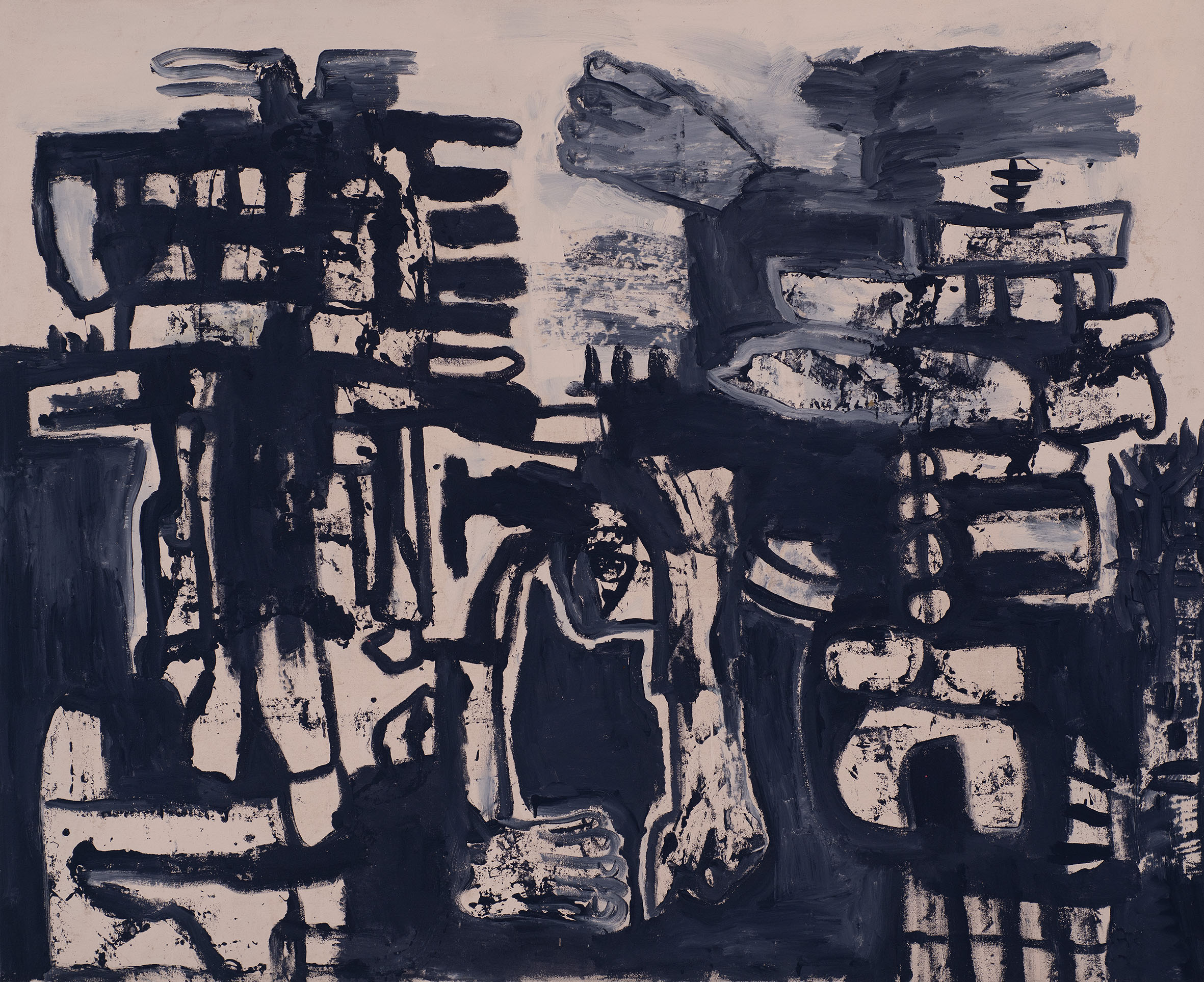 Kottie Paloma, Dumb City, acrylic paint applied to canvas in an abstract expressionistic manner, influenced by cave paintings and other archetypal symbols.