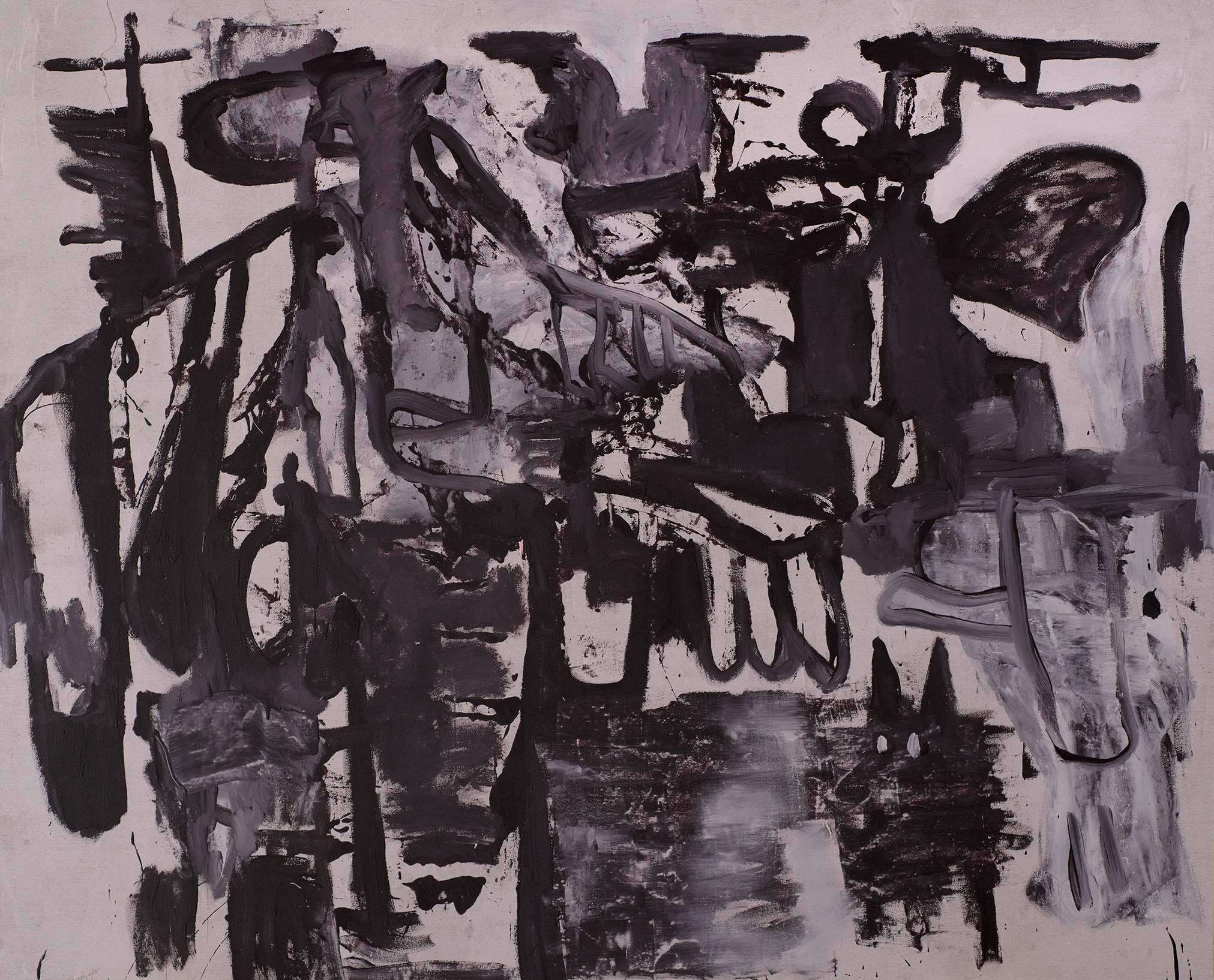 Kottie Paloma, The Old Neighborhood, acrylic paint applied to canvas in an abstract expressionistic manner, influenced by cave paintings and other archetypal symbols.
