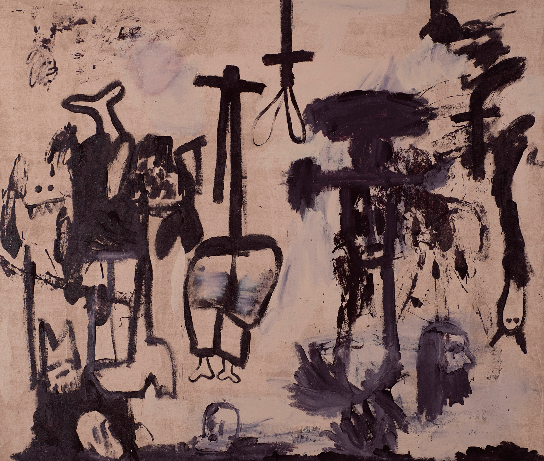 Kottie Paloma, Rumors Of War, acrylic paint applied to canvas in an abstract expressionistic manner, influenced by cave paintings and other archetypal symbols.