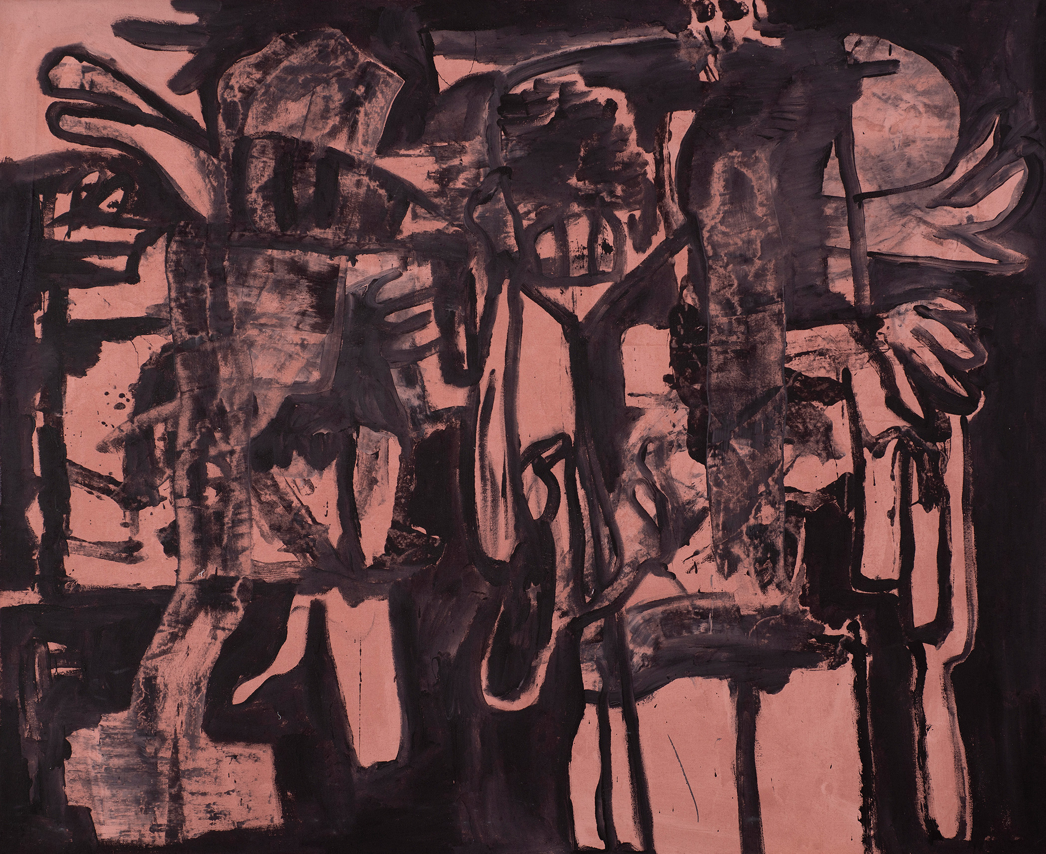 Kottie Paloma, Exit The Roman Shell, acrylic paint applied to canvas in an abstract expressionistic manner, influenced by cave paintings and other archetypal symbols.