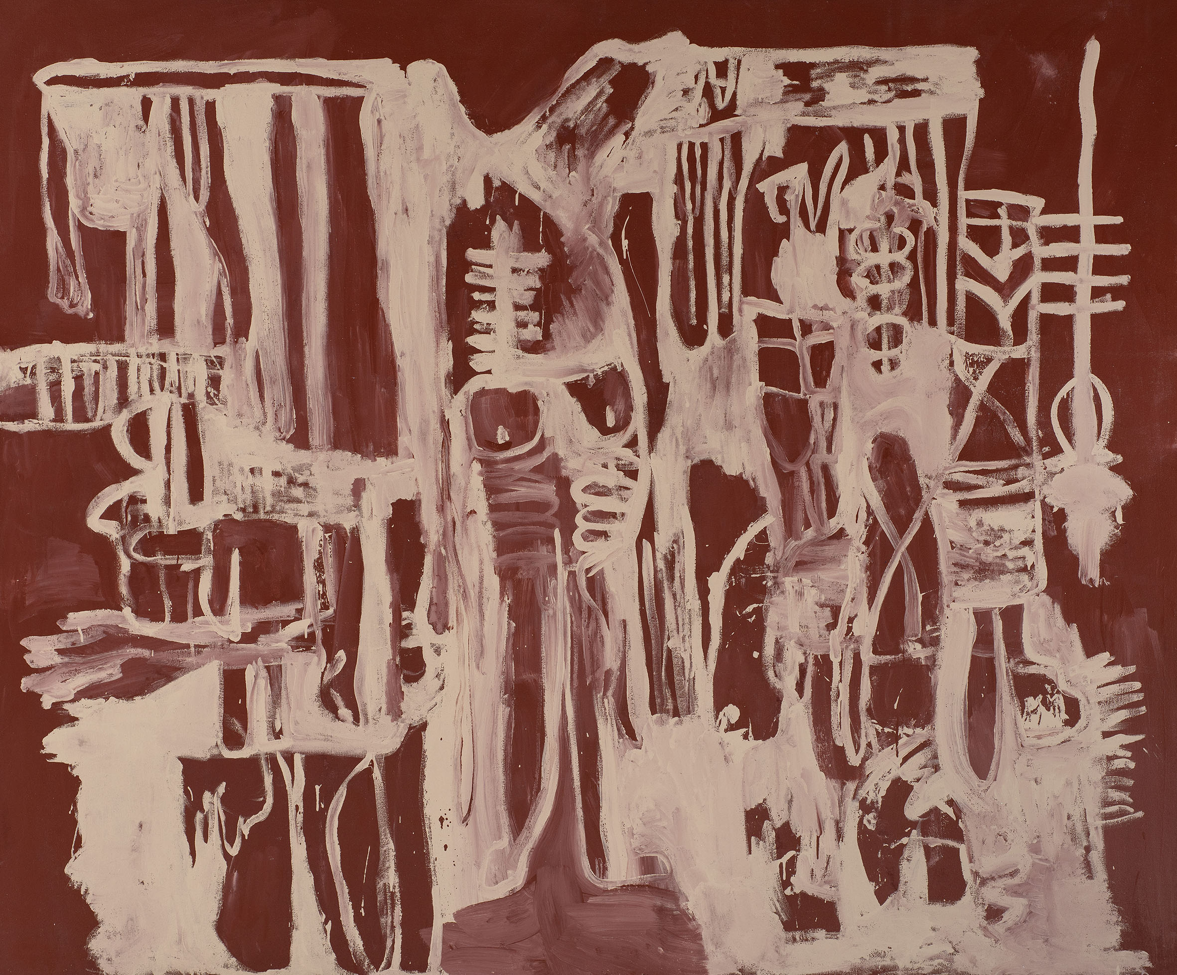 Kottie Paloma, The Amerikan Human Resource Department,acrylic paint applied to canvas in an abstract expressionistic manner, influenced by cave paintings and other archetypal symbols.