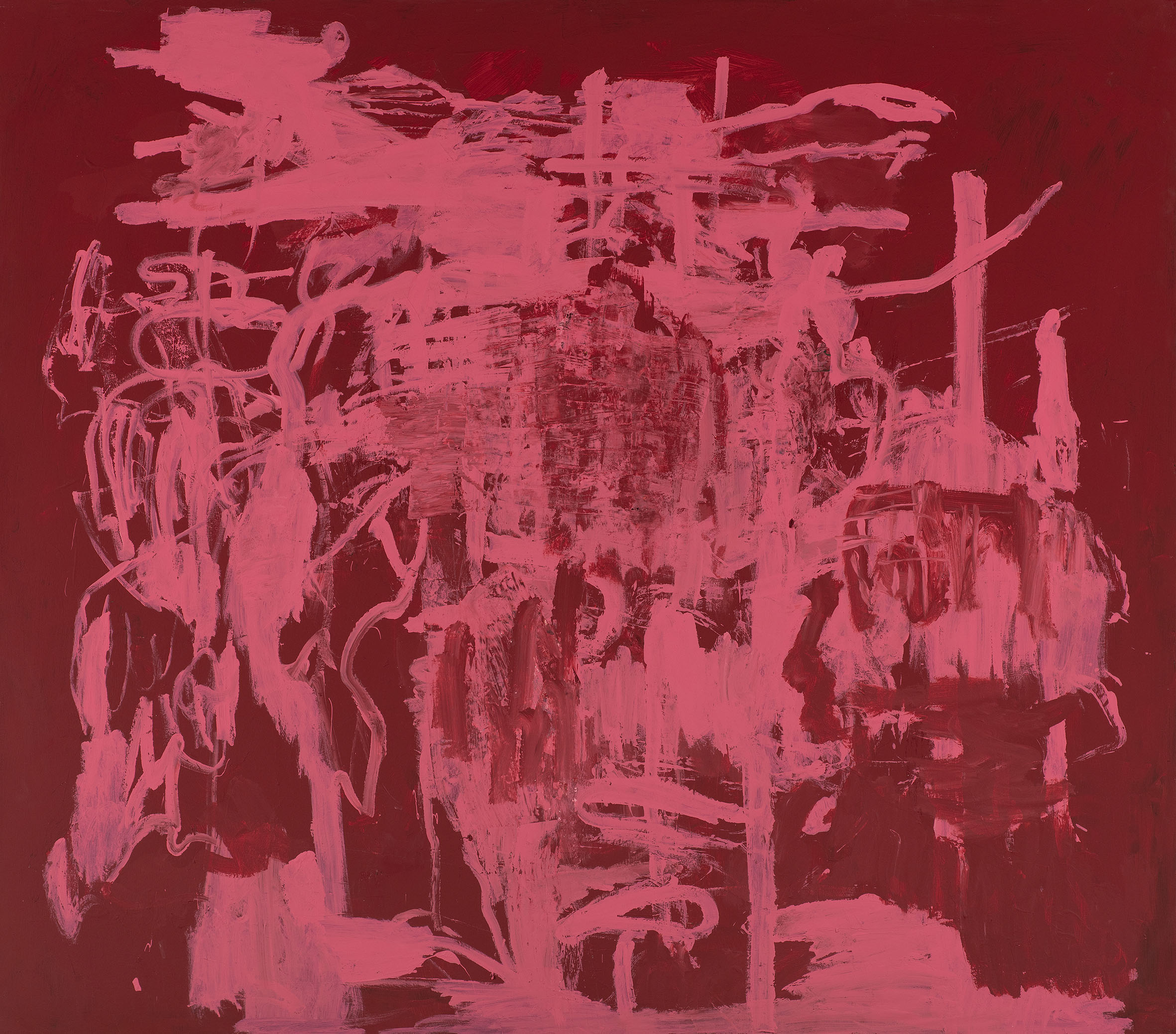 Kottie Paloma, Riot Season Pt. 2, acrylic paint applied to canvas in an abstract expressionistic manner, influenced by cave paintings and other archetypal symbols.