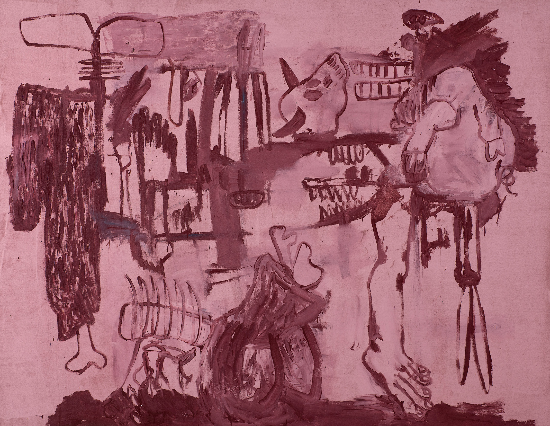 Kottie Paloma, Internship At The Butcher Shop, acrylic paint applied to canvas in an abstract expressionistic manner, influenced by cave paintings and other archetypal symbols.