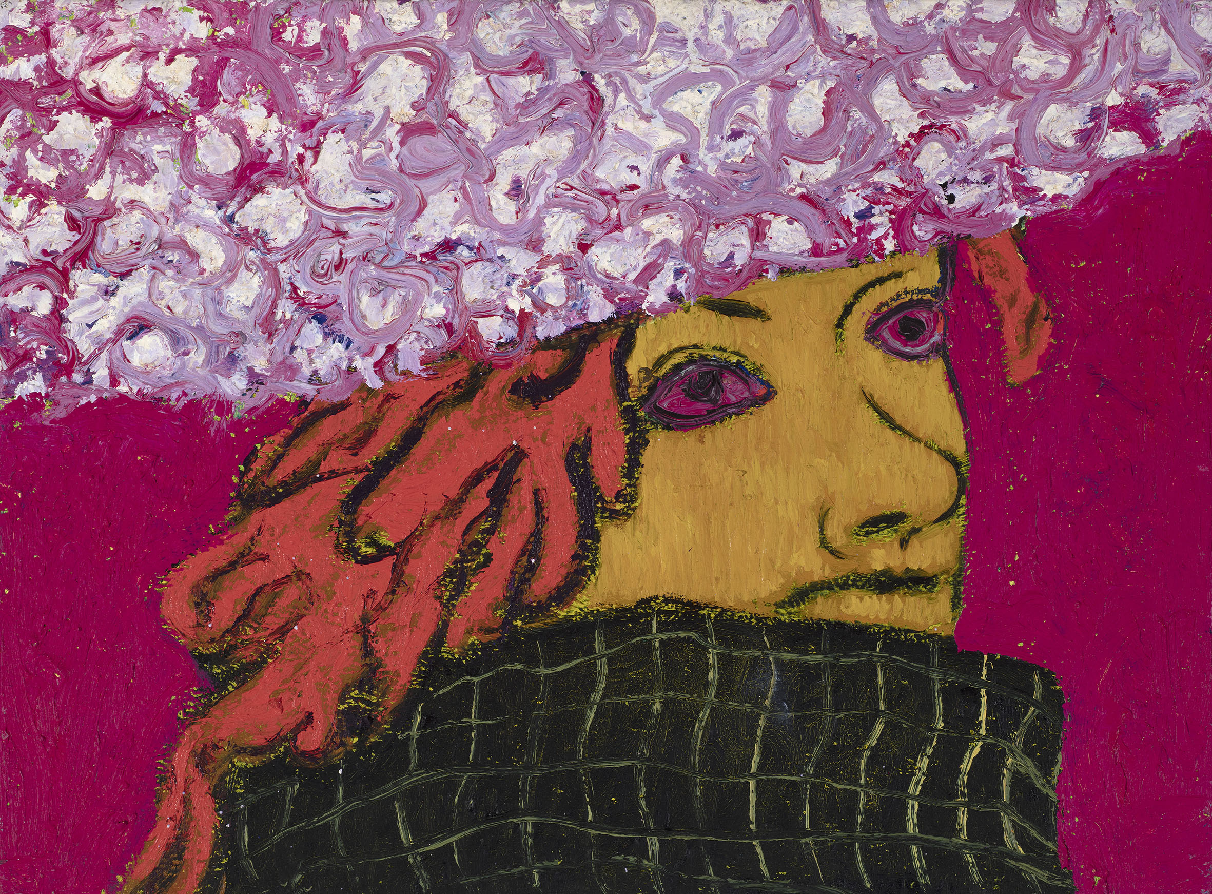 Omar El Lahib, pink hat, 2022, oil on canvas, 30 x 40 cm