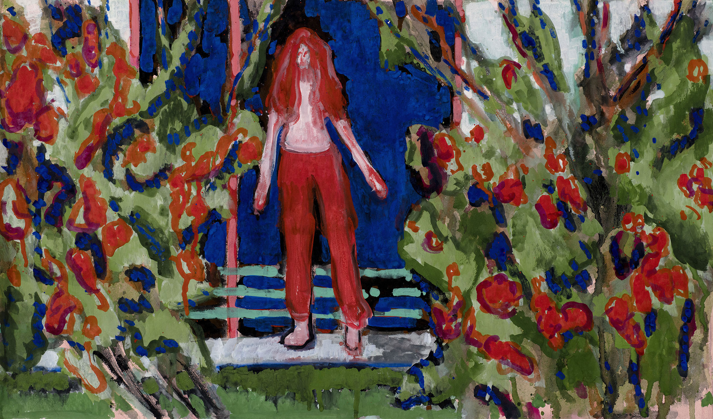Omar El Lahib, living a good life, 2022, tempera on paper, 75 x 35 cm