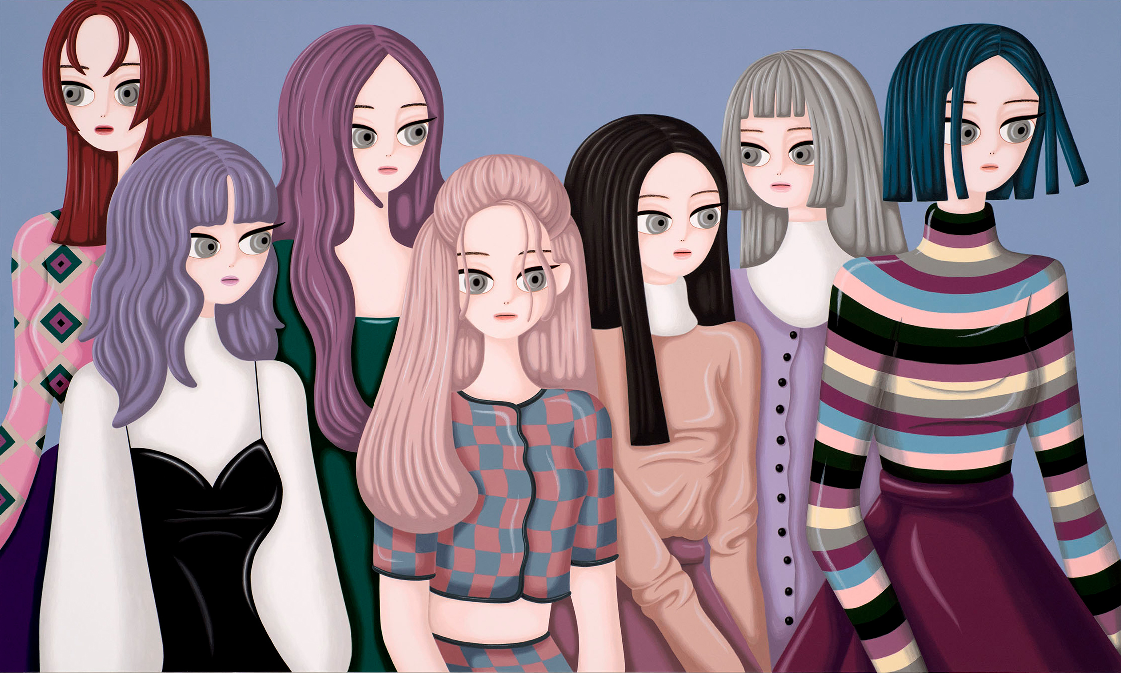 Sujin Lee, People, 2021, acrylic paint on canvas. A vibrant contemporary figurative painting of seven young women by  Korean artist Sujin Lee.